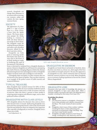 113
CHAPTER5
MONSTERSOFTHE
UNDERDARK
animals, draegloths can
change their demeanor in
aninstantwithnowarning:
one moment, sedate and
content; the next, raging,
ravenous beasts.
SOCIETY
The appearance of a drae-
gloth is a sign of great
favor to a drow house,
a boon from the Spider
Queen. The house priest-
esses pamper the whelp,
feeding it a mixture of
milk and slaves’ blood to
encourage its feral nature.
The draegloth wants for
nothing during its lifetime
and enjoys every decadent
diversion offered by the
drow’s perverse culture.
Draegloths see little
point to venturing outside
their home cities. Each one
stays close to the house of
its birth, lending its might
to furthering the cause of
thematriarch.Onlywhenits
house is destroyed or weakened does a draegloth abandon its
patrons. However, draegloths are well known for anticipating
thewindsoffortune,changingallegiancesbeforetheultimate
fallandjoininghousesmoreadvantageoustothem.Adraegloth’s
loyalty to its house exists only to indulge its cruel interests.
If draegloths share any belief, it is their certainty they are
the favored of the Queen of Spiders. They see their existence
as an example of the perfect union of Lolth’s mortals and
immortal followers.
TYPICAL TREASURE
Most draegloths have standard treasure for NPCs of their
Challenge Rating. They do not accumulate wealth but instead
invest in defensive items such as cloaks of resistance and rings
of protection. Most also direct a portion of their wealth to
acquiring potent weapons and offensive magic, such as their
preferred necklaces of ﬁreballs.
DRAEGLOTHS WITH CLASS LEVELS
NPC draegloths advance by character class, most as clerics
(their favored class) or wizards. Spellcasting draegloths earn
particularfavoramongtheirhouses.Afewofthemorebrutish
types become barbarians; these are relegated to less important
roles, typically as bodyguards or overseers. Draegloth clerics
always serve Lolth.
Level Adjustment: +4.
DRAEGLOTHS IN EBERRON
Draegloths are found almost exclusively in Xen’drik, where
the drow view them as a divine race, dark angels of the Fury
and symbols of strength and power. Because the appearance
of a draegloth is so rare, a drow community that is so favored
lords the creature’s existence over its rivals. Many draegloths
serve as overseers, leading expeditions to harvest the coveted
Siberys dragonshards.
pqqqqqqqqqrs
DRAEGLOTH LORE
Characters who have ranks in Knowledge (the planes) can
research draegloths to learn more about them. When a
character makes a successful skill check, the following lore is
revealed, including the information from lower DCs.
Knowledge (the planes)
DC Result
15 This fearsome creature is a draegloth, a fiend born
from a drow priestess and a demon conjured from
the Abyss. This result reveals all native outsider
traits.
20 Draegloths inherit many of their mothers’ abilities,
including the drow’s innate spellcasting and
resistance to enchantment magic and sleep. They
also have innate fiendish powers.
25 Draegloths are highly resistant to most forms of
energy, including acid, cold, electricity, and fire.
pqqqqqqqqqrs
Left to right: draegloth, favored one, overseer
Illus.byJ.Zhang
 