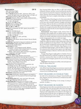 117
CHAPTER5
MONSTERSOFTHE
UNDERDARK
their hunting habits, they are often at odds with sentient
ichthyoid creatures, and they conceal and heavily trap their
lairstopreventincursionsbyvengeance-seekingkuo-toasand
others. However, their greatest enemies, other than the drow
(with whom they have a complex relationship), are cloakers
and illithids.
Therelationshipofdeepdragonstothedrowvarieswiththe
dragons’ whims—they might ally closely with the dark elves
at one time, and at another maintain a haughty and malevo-
lent distance. They see the drow as useful tools and excellent
sourcesof“trinkets”(asthedeepdragonsrefertomagicitems).
But they also recognize the power that the dark elves possess,
and they do not like the idea of a drow hegemony throughout
the lightless realm.
Environment: Deep dragons rarely venture from the
Underdark, whose depths they are ideally suited to navigat-
ing, but they have been known to venture to the surface. Such
sojourns are usually undertaken in pursuit of stolen treasure,
to take revenge against a foe, or to seek rare magic.
Typical Physical Characteristics: A hatchling deep
dragon has iridescent maroon scales, darkening to deep rich
purple in adulthood and almost black in the dragon’s older
age. Its lithe body is designed for maneuvering in the narrow,
twisting corridors of the Underdark. Deep dragons are also
accomplished shapechangers, with the ability to adopt a leg-
less serpentine form that lets them squeeze into tight spaces
or a humanoid shape to blend in with the other races of the
Underdark.
Younger deep dragons might gather in clutches of two to
ﬁve individuals, but by a relatively young age, their greed and
relentless curiosity drive them to strike out on their own.
As is typical of evil dragons, parents do not care for the eggs
once laid.
Alignment:Deepdragonsareselﬁsh,cruel,andcapricious.
They are always chaotic evil.
TYPICAL TREASURE
Like all their kind, deep dragons are avaricious creatures and
hoard their wealth greedily. A deep dragon has triple standard
treasure for its Challenge Rating.
DEEP DRAGONS AS CHARACTERS
See MM 69 for information on dragons’ favored skills and
feats. Disguise, Survival, and Swim are considered class skills
for deep dragons.
Level Adjustment: Wyrmling +3; very young +3; young +3;
juvenile +4; others —.
DEEP DRAGONS IN FAERÛN
Deepdragonsaremostoftenencounteredneardrowcities.The
confusion of the cities during Lolth’s silence has interrupted
the steady supplies of food and magic, causing many deep
dragons to take independent action. However, the dragons are
generally pleased that the drow are ﬁghting one another: By
weakening themselves in this way, they pose no immediate
threat of dominating the lower realms.
Phazeuroth CR 15
Male adult deep dragon
CE Large dragon (earth)
Init +4; Senses blindsense 60 ft., darkvision 120 ft., keen
senses, low-light vision, true seeing; Listen +27, Spot +27
Aura frightful presence (180 ft. radius, DC 23)
Languages Draconic, Elven, Giant, Goblin, Undercommon
AC 29, touch 9, flat-footed 29
(–1 size, +20 natural)
hp 120 (21 HD); DR 5/magic
Immune charm, paralysis, sleep
Resist cold 10, fire 10; SR 24
Fort +16, Ref +12, Will +15
Speed 40 ft. (8 squares), fly 150 ft. (poor), burrow 20 ft.,
swim 30 ft.
Melee bite +16 (3d6+6) and
2 claws +15 each (1d8+3) and
2 wings +14 each (1d6+3) and
tail slap +14 (1d8+9)
Space 10 ft.; Reach 5 ft. (10 ft. with bite)
Base Atk +21; Grp +31
Atk Options Power Attack, Quicken Breath, Recover Breath,
magic strike
Combat Gear ring of spell storing (cure moderate wounds [2])
Special Actions change shape 4/day (serpentine or
humanoid), breath weapon
Spells Known (CL 6th):
2nd (5/day)—cure moderate wounds, darkness
1st (7/day)—entropic shield, protection from evil, shocking
grasp (+26 melee touch), spell flowerSC
0 (6/day)—detect poison, ghost sound (DC 13), guidance,
mage hand, read magic, resistance
Spell-Like Abilities (CL 6th):
At will—detect magic, freedom of movement
Abilities Str 23, Dex 10, Con 19, Int 18, Wis 17, Cha 16
Feats Improved Initiative, Improved Natural Attack (bite),
Multiattack, Power Attack, Quicken Breath*, Recover
Breath*, Track, Weapon Focus (claw)
*Feat described in Draconomicon
Skills Diplomacy +29, Disguise +27, Escape Artist +24,
Knowledge (arcana) +28, Knowledge
(dungeoneering) +28, Knowledge (nature) +6, Listen +27,
Search +28, Sense Motive +27, Spellcraft +6, Spot +27,
Survival +27 (+29 underground, +29 following tracks),
Swim +14, Use Rope +0 (+2 involving bindings)
Possessions orange prism ioun stone
Magic Strike Phazeuroth’s natural weapons are treated as
magic weapons for the purpose of overcoming damage
reduction.
Breath Weapon (Su) 40-ft. cone, once every 1d4 rounds,
damage 12d8 acid, Reflex DC 24 half.
Change Shape (Su) Phazeuroth can assume a Large
serpentine form or a Medium or smaller humanoid form.
The serpentine form counts as Medium size for the
purpose of squeezing. In this form, Phazeuroth’s natural
armor bonus decreases to 14. He loses all claw attacks
but gains a constrict attack against grappled opponents
that deals 2d8 points of damage.
 