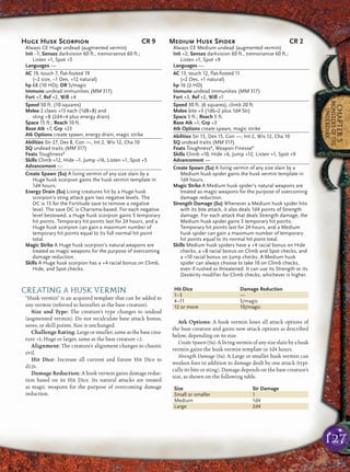 127
CHAPTER5
MONSTERSOFTHE
UNDERDARK
CREATING A HUSK VERMIN
“Husk vermin” is an acquired template that can be added to
any vermin (referred to hereafter as the base creature).
Size and Type: The creature’s type changes to undead
(augmented vermin). Do not recalculate base attack bonus,
saves, or skill points. Size is unchanged.
Challenge Rating: Large or smaller, same as the base crea-
ture +1; Huge or larger, same as the base creature +2.
Alignment: The creature’s alignment changes to chaotic
evil.
Hit Dice: Increase all current and future Hit Dice to
d12s.
Damage Reduction: A husk vermin gains damage reduc-
tion based on its Hit Dice. Its natural attacks are treated
as magic weapons for the purpose of overcoming damage
reduction.
Hit Dice Damage Reduction
1–3 —
4–11 5/magic
12 or more 10/magic
Atk Options: A husk vermin loses all attack options of
the base creature and gains new attack options as described
below, depending on its size.
CreateSpawn(Su):Alivingverminofanysizeslainbyahusk
vermin gains the husk vermin template in 1d4 hours.
Strength Damage (Su): A Large or smaller husk vermin can
weaken foes in addition to damage dealt by one attack (typi-
cally its bite or sting). Damage depends on the base creature’s
size, as shown on the following table.
Size Str Damage
Small or smaller 1
Medium 1d4
Large 2d4
Huge Husk Scorpion CR 9
Always CE Huge undead (augmented vermin)
Init –1; Senses darkvision 60 ft., tremorsense 60 ft.;
Listen +1, Spot +5
Languages —
AC 19, touch 7, flat-footed 19
(–2 size, –1 Dex, +12 natural)
hp 68 (10 HD); DR 5/magic
Immune undead immunities (MM 317)
Fort +7, Ref +2, Will +4
Speed 50 ft. (10 squares)
Melee 2 claws +13 each (1d8+8) and
sting +8 (2d4+4 plus energy drain)
Space 15 ft.; Reach 10 ft.
Base Atk +7; Grp +23
Atk Options create spawn, energy drain, magic strike
Abilities Str 27, Dex 8, Con —, Int 2, Wis 12, Cha 10
SQ undead traits (MM 317)
Feats ToughnessB
Skills Climb +12, Hide –1, Jump +16, Listen +1, Spot +5
Advancement —
Create Spawn (Su) A living vermin of any size slain by a
Huge husk scorpion gains the husk vermin template in
1d4 hours.
Energy Drain (Su) Living creatures hit by a Huge husk
scorpion’s sting attack gain two negative levels. The
DC is 15 for the Fortitude save to remove a negative
level. The save DC is Charisma-based. For each negative
level bestowed, a Huge husk scorpion gains 5 temporary
hit points. Temporary hit points last for 24 hours, and a
Huge husk scorpion can gain a maximum number of
temporary hit points equal to its full normal hit point
total.
Magic Strike A Huge husk scorpion’s natural weapons are
treated as magic weapons for the purpose of overcoming
damage reduction.
Skills A Huge husk scorpion has a +4 racial bonus on Climb,
Hide, and Spot checks.
Medium Husk Spider CR 2
Always CE Medium undead (augmented vermin)
Init +2; Senses darkvision 60 ft., tremorsense 60 ft.;
Listen +1, Spot +9
Languages —
AC 13, touch 12, flat-footed 11
(+2 Dex, +1 natural)
hp 16 (2 HD)
Immune undead immunities (MM 317)
Fort +3, Ref +2, Will +1
Speed 30 ft. (6 squares), climb 20 ft.
Melee bite +3 (1d6+2 plus 1d4 Str)
Space 5 ft.; Reach 5 ft.
Base Atk +1; Grp +3
Atk Options create spawn, magic strike
Abilities Str 15, Dex 15, Con —, Int 2, Wis 12, Cha 10
SQ undead traits (MM 317)
Feats ToughnessB
, Weapon FinesseB
Skills Climb +10, Hide +6, Jump +12, Listen +1, Spot +9
Advancement —
Create Spawn (Su) A living vermin of any size slain by a
Medium husk spider gains the husk vermin template in
1d4 hours.
Magic Strike A Medium husk spider’s natural weapons are
treated as magic weapons for the purpose of overcoming
damage reduction.
Strength Damage (Su) Whenever a Medium husk spider hits
with its bite attack, it also deals 1d4 points of Strength
damage. For each attack that deals Strength damage, the
Medium husk spider gains 5 temporary hit points.
Temporary hit points last for 24 hours, and a Medium
husk spider can gain a maximum number of temporary
hit points equal to its normal hit point total.
Skills Medium husk spiders have a +4 racial bonus on Hide
checks, a +8 racial bonus on Climb and Spot checks, and
a +10 racial bonus on Jump checks. A Medium husk
spider can always choose to take 10 on Climb checks,
even if rushed or threatened. It can use its Strength or its
Dexterity modifier for Climb checks, whichever is higher.
 