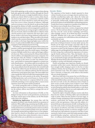 12
CHAPTER1
ALLABOUT
THEDROW
(evenwhileappearing,onthesurface,tosupportthem,playing
both sides against the middle). Further, although the church
usually lacks the power to single-handedly destroy a house,
neither can a house afford to make an enemy of the church.
Too much of the power in a community is held by Lolth’s
priestesses, and a house that fails to work with those priest-
esses loses access to those channels of inﬂuence. Although
such an occurrence is rare, the church can decree that a house
has earned the disfavor of Lolth, essentially giving all other
housesblanketpermissionandencouragementtoopenlyturn
against it. Some houses are strong enough to withstand even
this sort of assault, which invariably leads to a dilution of the
church’s position in the community. But more often, such a
decree results in the house being weakened sufﬁciently for
anothertoriseandtakeitsplace.Whenoneaddstothisalready
volatile mix the constant scheming of house members against
one another, in the hope of gaining higher status within the
house, it’s quite understandable that no single house has ever
managed to hold widespread power for long.
Themilitaryistheﬁnaldrowinstitutionthat,insomecom-
munities,couldbeagoverningbody.Drowcommunitiesdonot
have standing armies, since this would require a formal gov-
ernment. Multiple smaller forces make up the larger soldiery
of a drow city. These consist primarily of house-loyal militias,
church soldiers, and independent mercenary companies. For
the most part, then, the “military” is simply the enforcement
arm of a house or the church. In some rare instances, how-
ever—particularly in communities engaged in a constant war
withahostilepower—themilitarytakesonanauthorityofits
own. Its generals, under the guise of protecting the commu-
nity, usurp authority from the matriarchs who normally hold
it. The house soldiers become the dominant members of the
house, oratleast carry sufﬁcientauthoritythatthematriarchs
and matrons cannot ignore their input. The army might even
cometoguidetheChurchofLolth,directingpriestessesinthe
defense of the city and in attacks on the enemy. The generals
of differing factions, such as rival houses or a house and the
church, have been known to cooperate behind the scenes,
artiﬁcially extending or even creating military crises to wrest
supremacy from the houses and the priesthood.
It is worth noting that rank in a military unit is the only
pathway male drow have to any position of authority, so they
are the military ofﬁcers most likely to attempt this sort of
power grab.
For more information on the priestesses of Lolth, see the
Religion section; for more on the great houses, see Houses of
the Drow; and for more on the military, see the War header
under Drow Life, all below.
Roleplaying Application: You assume that, with the
exception of military rank, females hold all true positions of
authority. When addressing a mixed group of nobles, priests,
or similar powerful individuals, you instinctively direct your
wordsandattentiontoanyfemalespresent,andyouarealways
startled when a social or political leader turns out to be male.
Younormallyassumethatanymilitaryforceis,ifnotindepen-
dent, loyal to a church or a bloodline; you’re certainly aware
that other cultures have armies devoted to cities or nations,
but it still strikes you as odd when you encounter it.
Gender Roles
The supremacy of the female is deeply ingrained in drow
culture. Females are seen as stronger, smarter, and more emo-
tionally controlled than males, and—above all—holier and
more devoted to Lolth. Males, on the other hand, are viewed
as spiritually, intellectually, and physically inferior, useful
primarilyforphysicalandskilledlaborandbreedingpurposes.
A male drow is seen as superior to a member of any other race,
but inferior even to female drow of lower status.
This attitude comes from a variety of separate but related
sources. The ﬁrst and most obvious is Lolth herself. The god-
dess has, over the course of drow mythology and history,
taken multiple consorts, all of whom have been eventually
discarded. Whether this is the cause of Lolth’s opinion of
males or a symptom of it, Lolth believes that only females are
worthwhile servants.
Much like the spiders they revere, drow females also hold
power due to biological reasons. In many spider species, the
females are far larger and stronger, and males often do not
survive the mating process. Drow childbirth is a physically
strenuous occasion (see the Pregnancy, Birth, and Childhood
sidebar,page 24),andthoughthedrowfeellittleifanyaffection
for their young, they understand the importance of continu-
ing the family and house lines. Thus, the females, who are
both essential to reproduction and capable of withstanding
it, are clearly both stronger and more blessed than the males.
Whetherthedrowthinkastheydobecauseoftheiremulation
of spiders is unclear and ultimately unimportant.
Finally and perhaps most important, females are already
ascendant within drow society. Matriarchs and priestesses
have enough trouble clinging to power in the face of other
ambitious females; the last thing they want is to double the
pool of potential rivals. Thus, the tradition of female domi-
nance continues, in large part, at the behest of the females
who are already dominant.
Male drow hold little if any power, but not all of them are
mere property, even if many females see them as such. Some
ofthemostskilledcrafters,warriors,andarcanecastersamong
the drow are male. In fact, the submissive status of males in
drow society actually inspires many of them to excel. Male
drow can lay claim to little authority, and they are constantly
atriskofbeingdiscardedbytheirfemaleleaders,soonlythose
with skills and abilities that are not easily replaceable can be
relatively conﬁdent of their positions.
Denied the right to formally inﬂuence society, male drow
have become masters of ﬁnding subtle and nontraditional
roads to power. Many become teachers of arcane magic or
military strategy, attempting to form strong bonds with their
students—particularly the females who might well hold
power in the next generation. Others join the soldiers of a
powerful house or the priestesses of Lolth, working their way
up in the ranks. At the very least, these positions grant them
some measure of authority, and if they are fortunate enough
to be ofﬁcers during wartime (or devious enough to start a
well-timed war), that authority can grow to rival that of some
matriarchs.Andofcourse,somedrowmalesattempttoseduce
powerful females, using lust—and even the rare emotion of
love—to inﬂuence drow leaders behind the scenes.
 