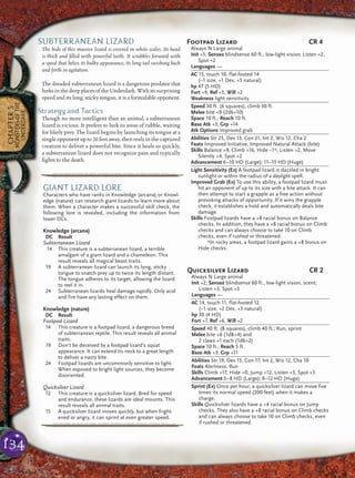 134
CHAPTER5
MONSTERSOFTHE
UNDERDARK
SUBTERRANEAN LIZARD
The hide of this massive lizard is covered in white scales. Its head
is thick and ﬁlled with powerful teeth. It scrabbles forward with
a speed that belies its bulky appearance, its long tail swishing back
and forth in agitation.
The dreaded subterranean lizard is a dangerous predator that
lurks in the deep places of the Underdark. With its surprising
speed and its long, sticky tongue, it is a formidable opponent.
Strategy and Tactics
Though no more intelligent than an animal, a subterranean
lizard is vicious. It prefers to lurk in areas of rubble, waiting
for likely prey. The lizard begins by launching its tongue at a
single opponent up to 20 feet away, then reels in the captured
creature to deliver a powerful bite. Since it heals so quickly,
a subterranean lizard does not recognize pain and typically
ﬁghts to the death.
pqqqqqqqqqrs
GIANT LIZARD LORE
Characters who have ranks in Knowledge (arcana) or Knowl-
edge (nature) can research giant lizards to learn more about
them. When a character makes a successful skill check, the
following lore is revealed, including the information from
lower DCs.
Knowledge (arcana)
DC Result
Subterranean Lizard
14 This creature is a subterranean lizard, a terrible
amalgam of a giant lizard and a chameleon. This
result reveals all magical beast traits.
19 A subterranean lizard can launch its long, sticky
tongue to snatch prey up to twice its length distant.
The tongue adheres to its target, allowing the lizard
to reel it in.
24 Subterranean lizards heal damage rapidly. Only acid
and fire have any lasting effect on them.
Knowledge (nature)
DC Result
Footpad Lizard
14 This creature is a footpad lizard, a dangerous breed
of subterranean reptile. This result reveals all animal
traits.
19 Don’t be deceived by a footpad lizard’s squat
appearance. It can extend its neck to a great length
to deliver a nasty bite.
24 Footpad lizards are uncommonly sensitive to light.
When exposed to bright light sources, they become
disoriented.
Quicksilver Lizard
12 This creature is a quicksilver lizard. Bred for speed
and endurance, these lizards are ideal mounts. This
result reveals all animal traits.
15 A quicksilver lizard moves quickly, but when fright-
ened or angry, it can sprint at even greater speed.
pqqqqqqqqqrs
Footpad Lizard CR 4
Always N Large animal
Init +5; Senses blindsense 60 ft., low-light vision; Listen +2,
Spot +2
Languages —
AC 15, touch 10, flat-footed 14
(–1 size, +1 Dex, +5 natural)
hp 47 (5 HD)
Fort +9, Ref +5, Will +2
Weakness light sensitivity
Speed 30 ft. (6 squares), climb 30 ft.
Melee bite +9 (2d6+10)
Space 10 ft.; Reach 10 ft.
Base Atk +3; Grp +14
Atk Options improved grab
Abilities Str 25, Dex 13, Con 21, Int 2, Wis 12, Cha 2
Feats Improved Initiative, Improved Natural Attack (bite)
Skills Balance +9, Climb +16, Hide –1*, Listen +2, Move
Silently +4, Spot +2
Advancement 6–10 HD (Large); 11–15 HD (Huge)
Light Sensitivity (Ex) A footpad lizard is dazzled in bright
sunlight or within the radius of a daylight spell.
Improved Grab (Ex) To use this ability, a footpad lizard must
hit an opponent of up to its size with a bite attack. It can
then attempt to start a grapple as a free action without
provoking attacks of opportunity. If it wins the grapple
check, it establishes a hold and automatically deals bite
damage.
Skills Footpad lizards have a +8 racial bonus on Balance
checks. In addition, they have a +8 racial bonus on Climb
checks and can always choose to take 10 on Climb
checks, even if rushed or threatened.
*In rocky areas, a footpad lizard gains a +8 bonus on
Hide checks.
Quicksilver Lizard CR 2
Always N Large animal
Init +2; Senses blindsense 60 ft., low-light vision, scent;
Listen +3, Spot +3
Languages —
AC 14, touch 11, flat-footed 12
(–1 size, +2 Dex, +3 natural)
hp 30 (4 HD)
Fort +7, Ref +6, Will +2
Speed 40 ft. (8 squares), climb 40 ft.; Run, sprint
Melee bite +6 (1d8+4) and
2 claws +1 each (1d6+2)
Space 10 ft.; Reach 5 ft.
Base Atk +3; Grp +11
Abilities Str 19, Dex 15, Con 17, Int 2, Wis 12, Cha 10
Feats Alertness, Run
Skills Climb +17, Hide +0, Jump +12, Listen +3, Spot +3
Advancement 5–8 HD (Large); 9–12 HD (Huge)
Sprint (Ex) Once per hour, a quicksilver lizard can move five
times its normal speed (200 feet) when it makes a
charge.
Skills Quicksilver lizards have a +4 racial bonus on Jump
checks. They also have a +8 racial bonus on Climb checks
and can always choose to take 10 on Climb checks, even
if rushed or threatened.
 