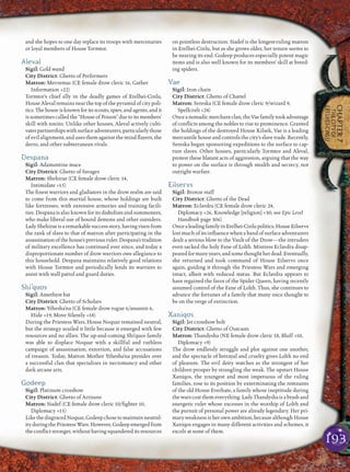 193
CHAPTER7
THECITYOF
ERELHEI-CINLU
and she hopes to one day replace its troops with mercenaries
or loyal members of House Tormtor.
Aleval
Sigil: Gold wand
City District: Ghetto of Performers
Matron: Mevremas (CE female drow cleric 16, Gather
Information +22)
Tormtor’s chief ally in the deadly games of Erelhei-Cinlu,
House Aleval remains near the top of the pyramid of city poli-
tics. The house is known for its scouts, spies, and agents, and it
is sometimes called the “House of Poison” due to its members’
skill with toxins. Unlike other houses, Aleval actively culti-
vatespartnershipswithsurfaceadventurers,particularlythose
of evil alignment, and uses them against the mind ﬂayers, the
derro, and other subterranean rivals.
Despana
Sigil: Adamantine mace
City District: Ghetto of Savages
Matron: Shehirae (CE female drow cleric 14,
Intimidate +15)
The ﬁnest warriors and gladiators in the drow realm are said
to come from this martial house, whose holdings are built
like fortresses, with extensive armories and training facili-
ties. Despana is also known for its diabolists and summoners,
who make liberal use of bound demons and other outsiders.
LadyShehiraeisaremarkablesuccessstory,havingrisenfrom
the rank of slave to that of matron after participating in the
assassinationofthehouse’spreviousruler.Despana’stradition
of military excellence has continued ever since, and today a
disproportionate number of drow warriors owe allegiance to
this household. Despana maintains relatively good relations
with House Tormtor and periodically lends its warriors to
assist with wall patrol and guard duties.
Shi’quos
Sigil: Amethyst bat
City District: Ghetto of Scholars
Matron: Ythesha’na (CE female drow rogue 6/assassin 6,
Hide +19, Move Silently +18)
During the Priestess Wars, House Noquar remained neutral,
but the strategy availed it little because it emerged with few
resources and no allies. The up-and-coming Shi’quos family
was able to displace Noquar with a skillful and ruthless
campaign of assassination, extortion, and false accusations
of treason. Today, Matron Mother Ythesha’na presides over
a successful clan that specializes in necromancy and other
dark arcane arts.
Godeep
Sigil: Platinum crossbow
City District: Ghetto of Artisans
Matron: Siadef (CE female drow cleric 10/ﬁghter 10,
Diplomacy +15)
LikethedisgracedNoquar,Godeepchosetomaintainneutral-
ityduringthePriestessWars.However,Godeepemergedfrom
theconﬂict stronger, without havingsquandered its resources
on pointless destruction. Siadef is the longest-ruling matron
in Erelhei-Cinlu, but as she grows older, her tenure seems to
be nearing its end. Godeep produces especially potent magic
items and is also well known for its members’ skill at breed-
ing spiders.
Vae
Sigil: Iron chain
City District: Ghetto of Chattel
Matron: Sereska (CE female drow cleric 9/wizard 9,
Spellcraft +24)
Onceanomadicmerchantclan,theVaefamilytookadvantage
of conﬂicts among the nobles to rise to prominence. Granted
the holdings of the destroyed House Kilsek, Vae is a leading
mercantile house and controls the city’s slave trade. Recently,
Sereska began sponsoring expeditions to the surface to cap-
ture slaves. Other houses, particularly Tormtor and Aleval,
protest these blatant acts of aggression, arguing that the way
to power on the surface is through stealth and secrecy, not
outright warfare.
Eilservs
Sigil: Bronze staff
City District: Ghetto of the Dead
Matron: Eclavdra (CE female drow cleric 24,
Diplomacy +26, Knowledge [religion] +30; see Epic Level
Handbook page 306)
OncealeadingfamilyinErelhei-Cinlupolitics,HouseEilservs
lost much of its inﬂuence when a band of surface adventurers
dealt a serious blow to the Vault of the Drow—the intruders
even sacked the holy Fane of Lolth. Mistress Eclavdra disap-
pearedformanyyears,andsomethoughtherdead.Eventually,
she returned and took command of House Eilservs once
again, guiding it through the Priestess Wars and emerging
intact, albeit with reduced status. But Eclavdra appears to
have regained the favor of the Spider Queen, having recently
assumed control of the Fane of Lolth. Thus, she continues to
advance the fortunes of a family that many once thought to
be on the verge of extinction.
Xaniqos
Sigil: Jet crossbow bolt
City District: Ghetto of Outcasts
Matron: Thandysha (NE female drow cleric 18, Bluff +10,
Diplomacy +9)
The drow endlessly struggle and plot against one another,
and the spectacle of betrayal and cruelty gives Lolth no end
of pleasure. The evil deity watches as the strongest of her
children prosper by strangling the weak. The upstart House
Xaniqos, the youngest and most impetuous of the ruling
families, rose to its position by exterminating the remnants
of the old House Everhate, a family whose ineptitude during
the wars cost them everything. Lady Thandysha is a brash and
energetic ruler whose excesses in the worship of Lolth and
the pursuit of personal power are already legendary. Her pri-
mary weakness is her own ambition, because although House
Xaniqos engages in many different activities and schemes, it
excels at none of them.
 