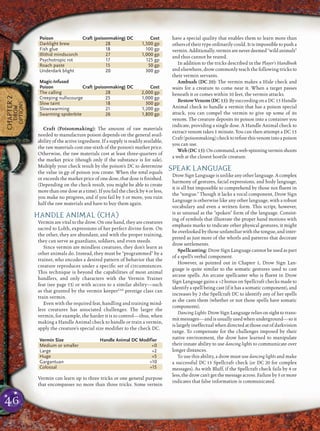 46
CHAPTER2
DROW
OPTIONS
Poison Craft (poisonmaking) DC Cost
Darklight brew 28 1,500 gp
Fish glue 18 100 gp
Illithid mindscorch 27 1,000 gp
Psychotropic rot 17 125 gp
Roach paste 15 50 gp
Underdark blight 20 300 gp
Magic-Infused
Poison Craft (poisonmaking) DC Cost
The calling 28 2,000 gp
Creeping nullscourge 25 1,000 gp
Slow taint 18 300 gp
Slowswarming 21 1,200 gp
Swarming spiderbite 26 1,800 gp
Craft (Poisonmaking): The amount of raw materials
needed to manufacture poison depends on the general avail-
ability of the active ingredient. If a supply is readily available,
the raw materials cost one-sixth of the poison’s market price.
Otherwise, the raw materials cost at least three-quarters of
the market price (though only if the substance is for sale).
Multiply your check result by the poison’s DC to determine
the value in gp of poison you create. When the total equals
or exceeds the market price of one dose, that dose is ﬁnished.
(Depending on the check result, you might be able to create
more than one dose at a time). If you fail the check by 4 or less,
you make no progress, and if you fail by 5 or more, you ruin
half the raw materials and have to buy them again.
HANDLE ANIMAL (CHA)
Vermin are vital to the drow. On one hand, they are creatures
sacred to Lolth, expressions of her perfect divine form. On
the other, they are abundant, and with the proper training,
they can serve as guardians, soldiers, and even steeds.
Since vermin are mindless creatures, they don’t learn as
other animals do. Instead, they must be “programmed” by a
trainer, who encodes a desired pattern of behavior that the
creature reproduces under a speciﬁc set of circumstances.
This technique is beyond the capabilities of most animal
handlers, and only characters with the Vermin Trainer
feat (see page 53) or with access to a similar ability—such
as that granted by the vermin keeperUnd
prestige class can
train vermin.
Even with the required feat, handling and training mind-
less creatures has associated challenges. The larger the
vermin, for example, the harder it is to control—thus, when
making a Handle Animal check to handle or train a vermin,
apply the creature’s special size modiﬁer to the check DC.
Vermin Size Handle Animal DC Modifier
Medium or smaller +0
Large +2
Huge +5
Gargantuan +10
Colossal +15
Vermin can learn up to three tricks or one general purpose
that encompasses no more than three tricks. Some vermin
have a special quality that enables them to learn more than
others of their type ordinarily could. It is impossible to push a
vermin.Additionally,verminareneverdeemed“wildanimals”
and thus cannot be reared.
In addition to the tricks described in the Player’s Handbook
and elsewhere, drow commonly teach the following tricks to
their vermin servants.
Ambush (DC 20): The vermin makes a Hide check and
waits for a creature to come near it. When a target passes
beneath it or comes within 10 feet, the vermin attacks.
BestowVenom(DC 15):BysucceedingonaDC 15Handle
Animal check to handle a vermin that has a poison special
attack, you can compel the vermin to give up some of its
venom. The creature deposits its poison into a container you
indicate, providing a single dose. A Handle Animal check to
extract venom takes 1 minute. You can then attempt a DC 15
Craft(poisonmaking)checktoreﬁnethisvenomintoapoison
you can use.
Web(DC 15):Oncommand,aweb-spinningverminshoots
a web at the closest hostile creature.
SPEAK LANGUAGE
Drow Sign Language is unlike any other language. A complex
harmony of gestures, facial expressions, and body language,
it is all but impossible to comprehend by those not ﬂuent in
the “tongue.” Though it lacks a vocal component, Drow Sign
Language is otherwise like any other language, with a robust
vocabulary and even a written form. This script, however,
is as unusual as the “spoken” form of the language. Consist-
ing of symbols that illustrate the proper hand motions with
emphasis marks to indicate other physical gestures, it might
be overlooked by those unfamiliar with the tongue, and inter-
preted as just more of the whorls and patterns that decorate
drow settlements.
Spellcasting: Drow Sign Language cannot be used as part
of a spell’s verbal component.
However, as pointed out in Chapter 1, Drow Sign Lan-
guage is quite similar to the somatic gestures used to cast
arcane spells. An arcane spellcaster who is ﬂuent in Drow
Sign Language gains a +2 bonus on Spellcraft checks made to
identify a spell being cast (if it has a somatic component), and
increases by 2 the Spellcraft DC to identify any of her spells
as she casts them (whether or not those spells have somatic
components).
Dancing Lights: Drow Sign Language relies on sight to trans-
mit messages—and is usually used when underground—so it
is largely ineffectual when directed at those out of darkvision
range. To compensate for the challenges imposed by their
native environment, the drow have learned to manipulate
their innate ability to use dancing lights to communicate over
longer distances.
To use this ability, a drow must use dancing lights and make
a successful DC 15 Spellcraft check (or DC 20 for complex
messages). As with Bluff, if the Spellcraft check fails by 4 or
less,thedrowcan’tgetthemessageacross.Failureby5ormore
indicates that false information is communicated.
 