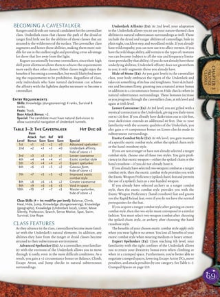69
CHAPTER3
PRESTIGE
CLASSES
BECOMING A CAVESTALKER
Rangers and druids are natural candidates for the cavestalker
class. Underdark races that choose the path of the druid or
ranger ﬁnd little use for the abilities of those classes that are
attuned to the wilderness of the surface. The cavestalker class
augments and hones those abilities, making them more suit-
ableforuseintheendlessnightandprovidingatrueadvantage
for those that live away from the light.
Rogues occasionally become cavestalkers, since their high
skill point allotment allows them to achieve the requirements
more easily than other classes. Other classes might enjoy the
beneﬁtsofbecomingacavestalker,butwouldlikelyﬁndmeet-
ing the requirements to be prohibitive. Regardless of class,
only individuals who have natural darkvision can achieve
the afﬁnity with the lightless depths necessary to become a
cavestalker.
Entry Requirements
Skills: Knowledge (dungeoneering) 4 ranks, Survival 8
ranks.
Feats: Track.
Base Attack Bonus: +2.
Special: The candidate must have natural darkvision to
allow successful navigation of Underdark tunnels.
Table 3–3: The Cavestalker Hit Die: d8
Base
Attack Fort Ref Will
Level Bonus Save Save Save Special
1st +1 +2 +2 +0 Advanced spelunker
2nd +2 +3 +3 +0 Underdark affinity,
hide of stone +1
3rd +3 +3 +3 +1 Lesser cavesense
4th +4 +4 +4 +1 Exotic combat style
5th +5 +4 +4 +1 Expert spelunker
6th +6 +5 +5 +2 Gaseous form,
hide of stone +2
7th +7 +5 +5 +2 Improved exotic
combat style
8th +8 +6 +6 +2 Greater cavesense
9th +9 +6 +6 +3 Void in space
10th +10 +7 +7 +3 Master spelunker,
hide of stone +3
Class Skills (4 + Int modifier per level): Balance, Climb,
Heal, Hide, Jump, Knowledge (dungeoneering), Knowledge
(geography), Knowledge (Underdark local), Listen, Move
Silently, Profession, Search, Sense Motive, Spot, Swim,
Survival, Use Rope.
CLASS FEATURES
As they advance in the class, cavestalkers become more famil-
iar with the Underdark’s natural elements. In addition, any
abilities they have from the ranger or druid classes become
attuned to their subterranean environment.
Advanced Spelunker (Ex): As a cavestalker, your familiar-
ity with the environs of the Underdark allows you to move
through it easily, even in the most difﬁcult conditions. As a
result, you gain a +2 circumstance bonus on Balance, Climb,
Escape Artist, and Jump checks in natural subterranean
surroundings.
Underdark Afﬁnity (Ex): At 2nd level, your adaptation
to the Underdark allows you to use your nature-themed class
abilities in natural subterranean surroundings as well. These
include the druid and ranger abilities of camouﬂage, hide in
plain sight, trackless step, and woodland stride. If you already
have wild empathy, you can now use it to affect vermin. If you
havethewildshapeability,addvermintothetypesofcreatures
you can become (subject to all the size and frequency limita-
tions provided by that ability). If you do not already have these
underlying abilities, Underdark afﬁnity does not grant them
to you; it only augments those you already have.
Hide of Stone (Ex): As you gain levels in the cavestalker
class, your body embraces the rigors of the Underdark and
takes on something of its hue and toughness. Your skin hard-
ens and becomes ﬂinty, granting you a natural armor bonus
in addition to a circumstance bonus on Hide checks when in
natural subterranean surroundings. These bonuses increase
as you progress through the cavestalker class, at 6th level and
again at 10th level.
Lesser Cavesense (Ex): At 3rd level, you are gifted with a
mystical connection to the Underdark, giving you darkvision
out to 120 feet. If you already have darkvision out to 120 feet,
your darkvision extends an additional 60 feet. Due to your
familiarity with the acoustic qualities of the Underdark, you
also gain a +4 competence bonus on Listen checks made in
subterranean surroundings.
Exotic Combat Style (Ex): At 4th level, you gain mastery
of a speciﬁc exotic combat style, either the spiked chain style
or the hand crossbow style.
If you are not a ranger or have not already selected a ranger
combat style, choose one of these two styles. You gain proﬁ-
ciency in that exotic weapon—either the spiked chain or the
hand crossbow—if you do not already have it.
If you already have selected two-weapon combat as a ranger
combat style, then the exotic combat style provides you with
theExoticWeaponProﬁciency(spikedchain)featandpermits
the use of a spiked chain as a one-handed weapon.
If you already have selected archery as a ranger combat
style, then the exotic combat style provides you with the
Exotic Weapon Proﬁciency (hand crossbow) feat and grants
you the Rapid Reload feat, even if you do not have the normal
prerequisites for the feat.
If you acquire a ranger combat style after gaining an exotic
combat style, then the two styles must correspond in a similar
fashion: You must select two-weapon combat after choosing
the spiked chain style, or archery after choosing the hand
crossbow style.
The beneﬁts of your chosen exotic combat style apply only
when you wear light or no armor. You lose all beneﬁts of your
exotic combat style when wearing medium or heavy armor.
Expert Spelunker (Ex): Upon reaching 5th level, your
familiarity with the tight conﬁnes of the Underdark allows
you to retain your Dexterity bonus even when climbing or
when in a cramped space. Furthermore, you’re better able to
negotiate cramped spaces, lowering Escape Artist DCs, move
penalties, and attack penalties by one category. See Table 6–1:
Cramped Spaces on page 159.
 