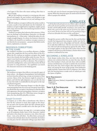 87
CHAPTER3
PRESTIGE
CLASSES
a foul agent of the drow who wants nothing other than to
steer us wrong.
DC 15: The insidious corruptor is a cunning spy who sows
discord and tragedy. He uses trickery and deception to get
his way, exerting his inﬂuence on you and making you his
slave.
DC 20: Insidious corruptors inﬁltrate the surface world on
occasion, usually to lure individuals into the Underdark. An
insidious corruptor might fund an expedition, supply a group
with a map, and even offer a few tantalizing treasures to whet
his prey’s appetites.
Insidious corruptors don’t advertise their presence. If they
have any dealings at all with player characters, it is through
intermediaries, or—if they must—behind the safety of a cun-
ningly wrought disguise. In a drow city, however, characters
are likely to be found by an insidious corruptor anxious to
use them for his own purposes—purposes that likely involve
slavery, exploitation, or murder.
INSIDIOUS CORRUPTORS
IN THE GAME
The insidious corruptor is an excellent adversary, a hidden
enemy who complicates the lives and the efforts of the PCs.
When the PCs confront an insidious corruptor, they might
have to face friends who have fallen under his sway. The cor-
ruptor’s most loyal minions gladly give their lives to protect
theirmaster,whetheroutoffear or adoration.Thecorruptor is
a powerful, intelligent foe, and as such is best used as the ﬁnal
encounter in a long adventure—his capabilities can stretch
the characters’ resources to the breaking point.
Adaptation
The insidious corruptor class reﬂects a very speciﬁc aspect of
drowculture—theubiquityofmanipulation.Suchindividuals
are born from the self-serving, corrupt environment of their
societies. Many of the class features might be attractive to
players, and with the right adaptation, you can alter the class
in ways that make it considerably less disruptive to the typi-
cal adventuring party.
The ﬁrst and most important change is to alter the align-
ment prerequisite from any evil to any non-good. From there,
youshouldalterthecorruptor’sclassfeaturessothattheyaffect
only opponents, thus preventing player character corruptors
from manipulating other PCs. With these minor changes in
place, the class should be playable as written.
Sample Encounter
Corruptors act as false allies or benefactors who claim to
have the PCs’ interests in mind. They might set the charac-
ters up with a few lucrative deals, but their ultimate goal is
to steer them toward a terrible end in the slave pits of the
Underdark.
EL 16: Belgos Xarann (see page 86), a corruptor posing
as an elf antiquities dealer, hears of the characters’ exploits
and seeks to hire them for a mission or two. After a few easy
forays—tests, as he calls them—he offers them a serious job:
a mission that will take them into the Underdark. He dickers
over the price, but he’s ultimately willing to pay them what-
ever they ask, since he doesn’t anticipate having to pay them
anyway.Whenthecharactersagree,hesendswordtohisdrow
allies to prepare the ambush.
KINSLAYER
“I will slay them all, each and every one. While I suffer in the depths
of the earth, forced to grub like worms for food and live shoulder to
shoulder with the ﬁlthy ﬁsh-folk, mind ﬂayers, and countless other
threats, they cavort in the warm sun, free of worries, free of fear. I
say, no more! The ﬁre of my hate will never be quenched as long as
at least one elf breathes the clean air of the world above.”
—Dak Falshae, kinslayer
Though the ancient conﬂict that rent the elves and the drow
asunder has long passed into antiquity, neither race has for-
gotten. Each side nurses old grudges and hatreds, refusing
to set aside their differences. The two races exist in a state of
war, with each side launching forays against the other. There
are avengers aplenty on the side of the surface elves, but few
compare to the ferocity of the kinslayer, a hunter whose entire
existence is deﬁned by his vows.
BECOMING A KINSLAYER
Drow despise surface elves; thus, any drow who make the
solemn vow to destroy their kin can enter this class. But the
life of the kinslayer is hard, and only those with incredible
stamina and dedication can hope to awaken the ancient hate
that drives the class. Drow rangers often take levels in kin-
slayer, and among the more savage groups, drow barbarians
might similarly commit their lives to vengeance. Few others
have the burning desire to make such an unholy pact with
the Queen of Spiders.
Entry Requirements
Race: Drow.
Feats: Endurance, Diehard, Unspeakable Vow*, Vow of
Vengeance*.
* See page 56.
Table 3–8: The Kinslayer Hit Die: d8
Base
Attack Fort Ref Will
Level Bonus Save Save Save Special
1st +1 +0 +2 +2 Mettle, rage 1/day,
surge of hate
2nd +2 +0 +3 +3 Inured to sunlight,
smite elves 1/day
3rd +3 +1 +3 +3 Elf bane
4th +4 +1 +4 +4 Shameful strike
5th +5 +1 +4 +4 Rage 2/day,
smite elves 2/day
6th +6 +2 +5 +5 Deny elf magic
7th +7 +2 +5 +5 Disguise heritage
8th +8 +2 +6 +6 Fey bane,
smite elves 3/day
9th +9 +3 +6 +6 Rage 3/day
10th +10 +3 +7 +7 Lolth’s curse,
vengeful strike
 