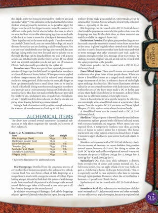 93
CHAPTER4
DROW
EQUIPMENT
this stacks with the bonuses provided by climber’s kits and
spelunker’skitsUnd
.Thesubstanceonthepadsactuallybecomes
stickier when exposed to moisture, so no penalties apply for
slippery surfaces if the slipperiness is caused by wetness. In
addition to the pads, the kit also includes a harness, to which
areattachedfourretractabletelescopinglegs(twooneachside
of the back so there is room for a backpack between them).
These legs also end in the same sticky pads. If you have made a
successful Climb check, you can extend these legs and attach
themtothesurfaceyouareclimbingasafull-roundaction.You
can use your hands freely once the legs are extended, because
the legs (along with your own feet and knees) adhere you to
the wall. The legs can be detached from the wall with a move
action and refolded with another move action. If you climb
with the legs still extended, you do not gain the +2 bonus on
Climb checks normally provided by the spider kit.
Stoneburners: These are special boot tips and gloves with
reinforcedﬁngertipsthatholdsmallreceptaclesforstoneburn
acid (see Alchemical Items, below). When pressure is applied
to these compartments, the acid is released onto whatever
surface is being pressed. If the surface is stone, the ﬁnger or
boot tips immediately burn a small divot that can be used as
a hand or foothold. Using stoneburners along with stoneburn
acidprovidesyoua +2circumstancebonusonClimbcheckson
stone surfaces. This does not stack with the bonuses provided
by climber’s kits, spelunker’s kits, or spider kits. Stoneburn-
ers are typically used by drow who are in a hurry and are not
picky about leaving behind a permanent trail.
A single ﬂask of stoneburn acid provides enough substance
for a wearer of stoneburners to climb up to 200 feet.
ALCHEMICAL ITEMS
The drow have created several innovative alchemical sub-
stances to help them negotiate the tunnels and caverns of
the Underdark.
Table 4–2: Alchemical Items
Item Cost Weight
Bile droppings (ﬂask) 50 gp 1 lb.
Darkvision powder (vial) 10 gp —
Dwarfblind stone 50 gp 1 lb.
Shedden (jar) 75 gp1
1/2 lb.
Spelunker’s oil (ﬂask) 15 gp 1 lb.
Stoneburn acid (flask) 10 gp 1 lb.
Vilegrip (vial) 50 gp —
1 See item description for additional costs.
Bile Droppings: Distilled from the venomous excreta of
certain breeds of monstrous spiders, this substance is a thick,
viscous ﬂuid. You can throw a ﬂask of bile droppings as a
ranged touch attack with a range increment of 10 feet. Upon
hittingatarget,thisstickyﬂuiddeals1d6pointsofaciddamage
in the ﬁrst round and 1d6 points of acid damage in the second
round. If the target takes a full-round action to scrape it off,
he takes no damage in the second round.
Inadditiontocausingaciddamage,aﬂaskofbiledroppings
releases a powerful stench when broken open, forcing anyone
within 5 feet to make a successful DC 13 Fortitude save or be
sickened for 1 round. Anyone actually struck by the vile stuff
takes a –4 penalty on the save.
Bile droppings can be created with a DC 15 Craft (alchemy)
check and the proper raw materials (the spiders that create the
droppings are bred by the dark elves, so these materials are
readily available in a typical drow city).
Darkvision Powder: This plain gray powder clings to sur-
faces and cannot be seen with normal vision from more than
10 feet away. It glows brightly when viewed with darkvision,
and thus is useful for creatures that have darkvision and wish
to write messages that other creatures can’t read. Each vial
contains enough powder for a message of up to 25 words. By
adding a mixture of spider silk oil, an ink can be created with
the same properties as the powder.
Darkvision powder can be created with a DC 20 Craft
(alchemy) check.
Dwarfblind Stone: These small stones are treated with
a substance that gives them a faint purple sheen. When you
throw a dwarfblind stone as a ranged touch attack with a
range increment of 20 feet, it releases a burst of violet light
upon striking a hard surface. This burst illuminates a 10-foot
radius for an instant and interferes with darkvision. Creatures
within the area of the burst must make a DC 15 Reﬂex save
or lose their darkvision ability for 10 minutes. A dwarfblind
stone has no effect on normal or low-light vision.
Since it doesn’t need to hit a speciﬁc target to be effective,
you can simply aim a dwarfblind stone at a particular 5-foot
square. Treat the target as AC 5; if you miss, see Throw Splash
Weapon, PH 158, to determine where the stone lands.
A dwarfblind stone can be created with a DC 25 Craft
(alchemy) check.
Shedden: This gray paste is brewed from the exoskeletons
of monstrous spiders ground with silk-based oils and mixed
with various chemicals and reagents. When spread on your
exposed ﬂesh, it temporarily hardens your skin, granting
you a +1 bonus to natural armor for 2 minutes. This bonus
stacks with any other natural armor you already have. It takes
1 minute to apply shedden to your entire body and obtain its
beneﬁts.
SheddencanbecreatedwithaDC 20Craft(alchemy)check.
Certain master alchemists can create shedden that provides
natural armor bonuses of +2 to +5, but doing so raises the
Craft DC by 4 for each additional point of natural armor and
increases the price as follows: 200 gp for +2, 500 gp for +3,
1,000 gp for +4, and 2,000 gp for +5.
Spelunker’s Oil: This clear, slick substance is derived
from several types of slimes and certain mineral oils. As a
full-round action, you can apply a ﬂask of it to your body and
gain a +2 alchemical bonus on Escape Artist checks. This oil
is especially useful to cave explorers who have to squeeze
through tight quarters. However, when the oil is effective it
bestows a –5 penalty on Climb checks.
Spelunker’s oil can be created with a DC 20 Craft (alchemy)
check.
Stoneburn Acid: This substance is a weaker form of alche-
mist’smineral acidUnd
. It harms only stone and other minerals.
It is not effective as a splash weapon, because it requires both
 