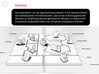Definitie Het expliciteren van de organisatiebouwstenen in het waardenetwerk van bedrijfsactoren en bedrijfsrollen, daaruit de onderling geleverde diensten en onderling lopende geldstromen afleiden, en daaruit een transparant exploitatiemodel voor het ganse ecosysteem afleiden.  