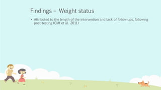 Findings – Weight status
 Attributed to the length of the intervention and lack of follow ups, following
post-testing (Cliff et al. 2011)
 