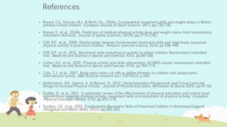 References
 Bryant, E.S., Duncan, M.J. & Birch, S.L., 2014a. Fundamental movement skills and weight status in British
primary school children. European Journal of Sport Science, 14(7), pp.730–736.
 Bryant, E. et al., 2014b. Prediction of habitual physical activity level and weight status from fundamental
movement skill level. Journal of sports sciences, 32(19), pp.1775–1782.
 Cliff, D.P. et al., 2009. Relationships between fundamental movement skills and objectively measured
physical activity in preschool children. Pediatric exercise science, 21(4), pp.436–449.
 Cliff, D.P. et al., 2011. Movement skills and physical activity in obese children: Randomized controlled
trial. Medicine and Science in Sports and Exercise, 43(1), pp.90–100.
 Cohen, K.E. et al., 2015. Physical activity and skills intervention: SCORES cluster randomized controlled
trial. Medicine and Science in Sports and Exercise, 47(4), pp.765–774.
 Cole, T.J. et al., 2007. Body mass index cut offs to define thinness in children and adolescents:
international survey. BMJ (Clinical research ed.), 335(7612), p.194.
 Dotterweich, A.R., Greene, A. & Blosser, D., 2012. Using Innovative Playgrounds and Cross-Curricular
Design to Increase Physical Activity. Journal of Physical Education, Recreation & Dance, 83(5), pp.47–55.
 Dudley, D. et al., 2011. A systematic review of the effectiveness of physical education and school sport
interventions targeting physical activity, movement skills and enjoyment of physical activity. European
Physical Education Review, 17(3), pp.353–378.
 Foulkes, J.D. et al., 2015. Fundamental Movement Skills of Preschool Children in Northwest England.
Perceptual and Motor Skills, 121(1), pp.260–283.
 