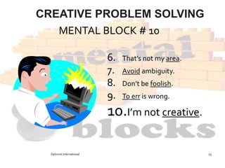 MENTAL BLOCK # 10
6. That’s not my area.
7. Avoid ambiguity.
8. Don’t be foolish.
9. To err is wrong.
10.I’m not creative.
Optimist International 25
CREATIVE PROBLEM SOLVING
 