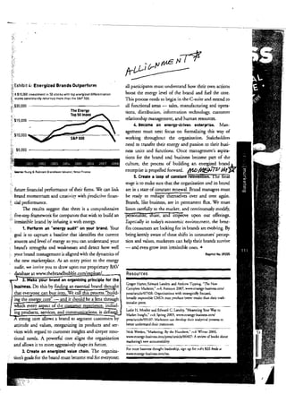 For molt busin~ thought leadership, sign up for r+b's RSS ked.s at
WYtW.ST.rategy-business.rornJrss.
Nick Wredcn, "Marketing; By thc Numbers, ~ Hb, Winter 2006,
WYtW.S1:raregy-busines.s.rornJpress/arciclel06407: Areview of books about
marketing's n~ ilCOJuncability.
Leslie H. Moeller and Edward C. Landry, ~Measurlng Your Way to
M2rket Insighl,~ Hb, Spring 2009, www.srrategy-businesHomi
prw/m.iclel09107; Markcccrs can develop their analytiC'<li prowrss to
better undecsund their customers.
Gregor Haner, Edward Landry, and Andrew "lipping, ~'fhe New
Complete Marke:rer." r+b. Aurumn 2007, www.s[ra~·bwiness.com/
press/anide/07308: OrganizatiOlls with strategically focused.
broadly responsible CMOs may produce better results than meic tr2di­
cionalist peers,
Resources
Reprint No. 09205
all participants must understand how theit own actions
boost the energy level of rhe brand and fuel the cote.
This process needs to begin in the C-suite and extend to
all functional areas - sales, manufacturing and opera­
tionsl distribution, information technology, CllSt:omer
relationship management, and human resources.
4. Become an energy"driven enterprise. Man­
agement must next focus on formalizing this way of
working throughout the organization. Stakeholders
need to rransfer their energy and passion to their busi­
ness units and functions. Once management's aspira­
tions for the brand and business become part of the
culrure, the process of building an energized bran~1
enterprise is propelled forward. /t'tDfH81TZ/ffl ~ I
5. Create a loop of constant relnvenllon. Ihe fuial
srage is to make sure that the organization and its brand
are in a state of constant renewal. Brand managers must
be ready to reshape themselves over and over again.
Brands, like business, are in permanent flux. We must
listen carefully ro the market. and continuously modify,
petsonahze, share, and improve upon our offerings.
Especially in todays economic environment, the bene~
fits consumets are looking for in brands are evolving. By
being keenly aware of these shifts in consumers' perC<:f'"
tion and values, marketers can help their brands survive
- and even grow into irresisrible ones. -+
/riJ..-i[,-1' n£ N-rJf
---­
2001 2002 2001 2004 20U5 2006 2007 lU08
$5,000 - - - - - - - - - - - - - - ­
I:'
i~
~{i'
:.,~';:
:' $10.000....... £ r "........ _...... ....
" ': Sovru: Young & Rybicam BrindAs5~1'o'aluat<lr. YaM¢ Finance
{"
t,Exhibit 4, Energized Brands Outperform
lft·
~;,:'~ $10.000 inves.tment in 50 stocks with top energized diflerentiation
~~::, 5cores c.oosistently returneo more than the S&P 500.
6:;.$20,000
- "-Ii $15,000 ~_ 
future fmancial performance oftheir fums. We can link
brand momentum and creativity with predictive finan­
cial performance.
The results suggest that there is a comprehensive
fi've-step framework for companies that wish to build an
irresistible brand by infusing it with energy.
1. Perlorm an "energy audit" on your brand. Your
.goal is to capture a baseline that identifies the current
SOurces and level of enetgy so you can understand your
brand's strengths and weaknesses and detect how well
your brand management is aligned with the dynamics of
the new marketplace. As an entry point to the energy
audit. we invite you ro draw upon our proprietary BAV
database at www.thebrandbubble.comlexDlore'
~­ 2. Make your brand an organizing prineiple for the
business. Do this by finding an essential brand thou&>t
that everyone can buy into. We eaIJ this process "build­
ing the energy core" ­ and it should be a lens through
Which every aspect of the cuswmet experience, includ­
ing productS, services, and communications, is defin~
A strong core allows a brand to segment customers by
anirude and values, reotganizing its productS and ser­
vices with regard to customer insights and deeper emo­
tional needs. A powerful core aligns the organization
and allows it ro more aggressively shape its future.
3. Create an energized value ehain. The organiza­
'. tion's goals for the brand must become real for everyone;
 