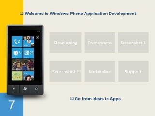 7
Screenshot 1Developing
Screenshot 2 Support
 Welcome to Windows Phone Application Development
 Go from Ideas to Apps
Frameworks
Marketplace
 