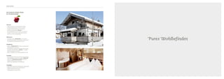 PURES ERLEBNIS
Pures Wohlbefinden
Träumen
•	 Exklusive Chalets in unterschiedlichen Größen
•	 Puradies Deluxe Suite (35 m2 für max. 3 Pers.)
•	 Puradies Premium-Suite (55 m2 für 2-6 Pers.)
•	 Puradies Privat SPA Suite „WOLKE 7“
(80 m2 Wohnfläche inkl. 35 m2 SPA, 30 m2 Terrasse)
•	 Genießer- (25 m2 für 2 Pers.) und Familienzimmer
(35 m2 für 2-4 Pers.) im Embachhof
Mitnehmen
•	 Hauseigener Shop „GREISSLEREI“ mit den besten
Bio-Produkten unserer Landwirtschaft und der gesam-
ten puradiesischen Weinauswahl auf 150 m2
Wohlfühlen
•	 Badhaus „INNERE MITTE“ mit Saunen, Ruheräumen,
Erlebnisduschen & Panorama
•	 Beautybereich für Kosmetik, Massagen, Behandlungen …
•	 2 Puradies Privat SPA Suiten „WOLKE 7“ – privates
Wellnessvergnügen auf je 80 m2
•	 Fitness- & Yogaraum und sonniger Kraftplatz im Freien
Genießen
•	 Unterschiedliche Restaurants für höchste Gaumenfreuden
•	 Design-Highlight: unsere Bar & Lounge „FREIRAUM“
•	 Kochschule „MADREITER.COOKING“ in der Em-
bachalm, ideal für Feiern & Seminare
•	 Heißer Tipp: Grillabende in der Embachalm
Vergnügen
•	 Authentischer Bauernhof mit biologischen Lebensmitteln
•	 Wildpark mit Hochsitz zum Tierebeobachten
•	 Größter Biobadeteich der Region
•	 Kinderspielraum mit über 150 m2
DIE EINZIGE SÜNDE WÄRE
ZU WIDERSTEHEN
 