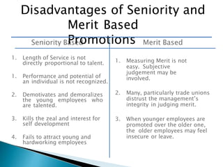 Seniority Based
1. Length of Service is not
directly proportional to talent.
1. Performance and potential of
an individual is not recognized.
2. Demotivates and demoralizes
the young employees who
are talented.
3. Kills the zeal and interest for
self development
4. Fails to attract young and
hardworking employees
Merit Based
1. Measuring Merit is not
easy. Subjective
judgement may be
involved.
2. Many, particularly trade unions
distrust the management’s
integrity in judging merit.
3. When younger employees are
promoted over the older one,
the older employees may feel
insecure or leave.
Disadvantages of Seniority and
Merit Based
Promotions
 