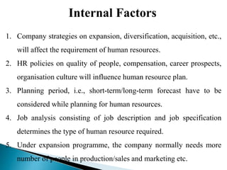 Internal Factors
1. Company strategies on expansion, diversification, acquisition, etc.,
will affect the requirement of human resources.
2. HR policies on quality of people, compensation, career prospects,
organisation culture will influence human resource plan.
3. Planning period, i.e., short-term/long-term forecast have to be
considered while planning for human resources.
4. Job analysis consisting of job description and job specification
determines the type of human resource required.
5. Under expansion programme, the company normally needs more
number of people in production/sales and marketing etc.
 