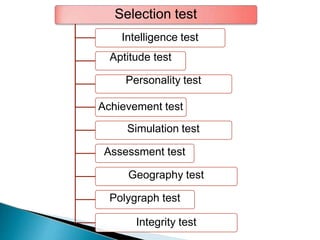 Selection test
Intelligence test
Aptitude test
Personality test
Achievement test
Simulation test
Assessment test
Geography test
Polygraph test
Integrity test
 