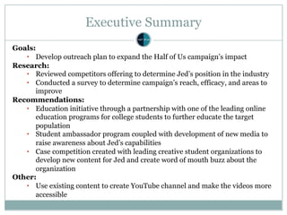 Executive Summary
Goals:
• Develop outreach plan to expand the Half of Us campaign’s impact
Research:
• Reviewed competitors offering to determine Jed’s position in the industry
• Conducted a survey to determine campaign’s reach, efficacy, and areas to
improve
Recommendations:
• Education initiative through a partnership with one of the leading online
education programs for college students to further educate the target
population
• Student ambassador program coupled with development of new media to
raise awareness about Jed’s capabilities
• Case competition created with leading creative student organizations to
develop new content for Jed and create word of mouth buzz about the
organization
Other:
• Use existing content to create YouTube channel and make the videos more
accessible
 