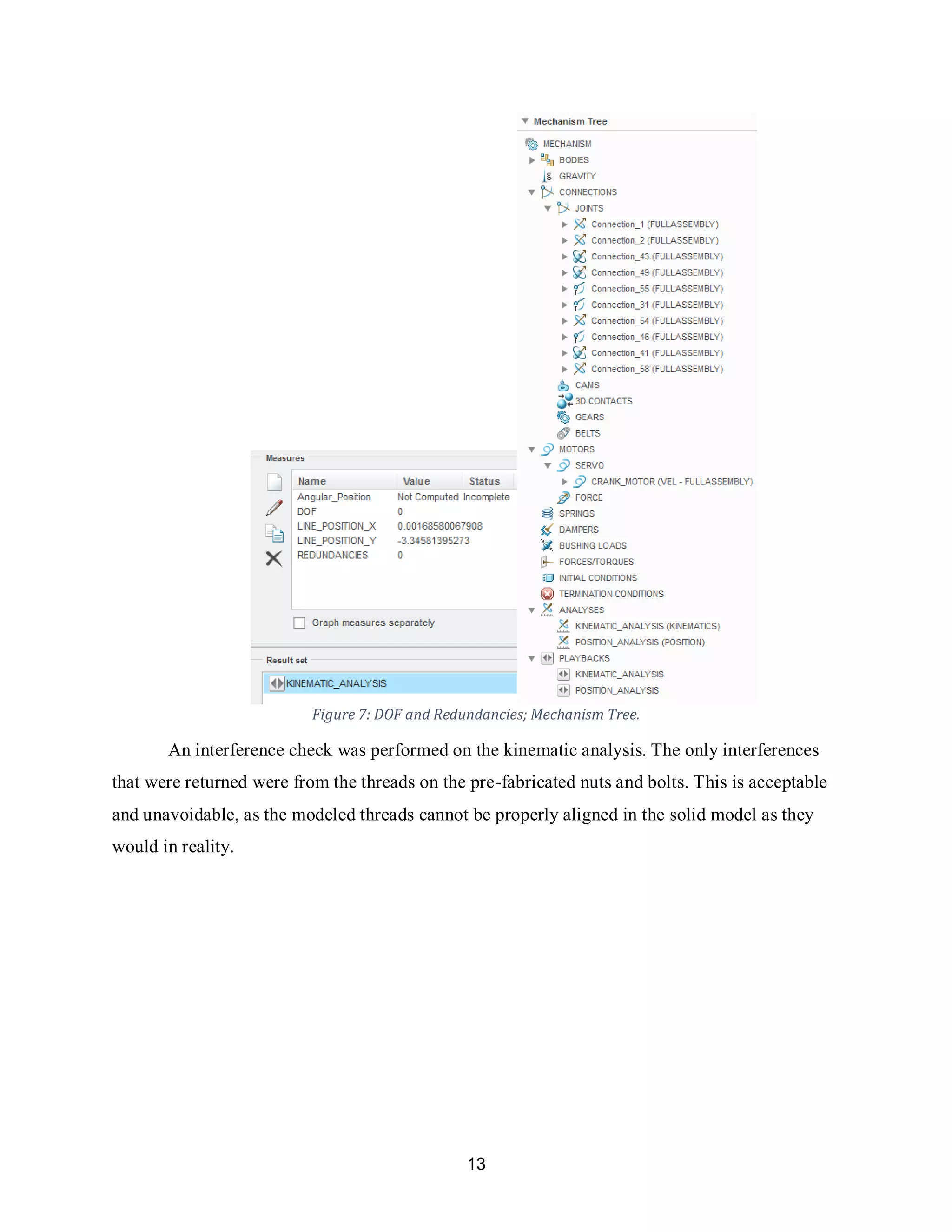 13
Figure 7: DOF and Redundancies; Mechanism Tree.
An interference check was performed on the kinematic analysis. The only interferences
that were returned were from the threads on the pre-fabricated nuts and bolts. This is acceptable
and unavoidable, as the modeled threads cannot be properly aligned in the solid model as they
would in reality.
 
