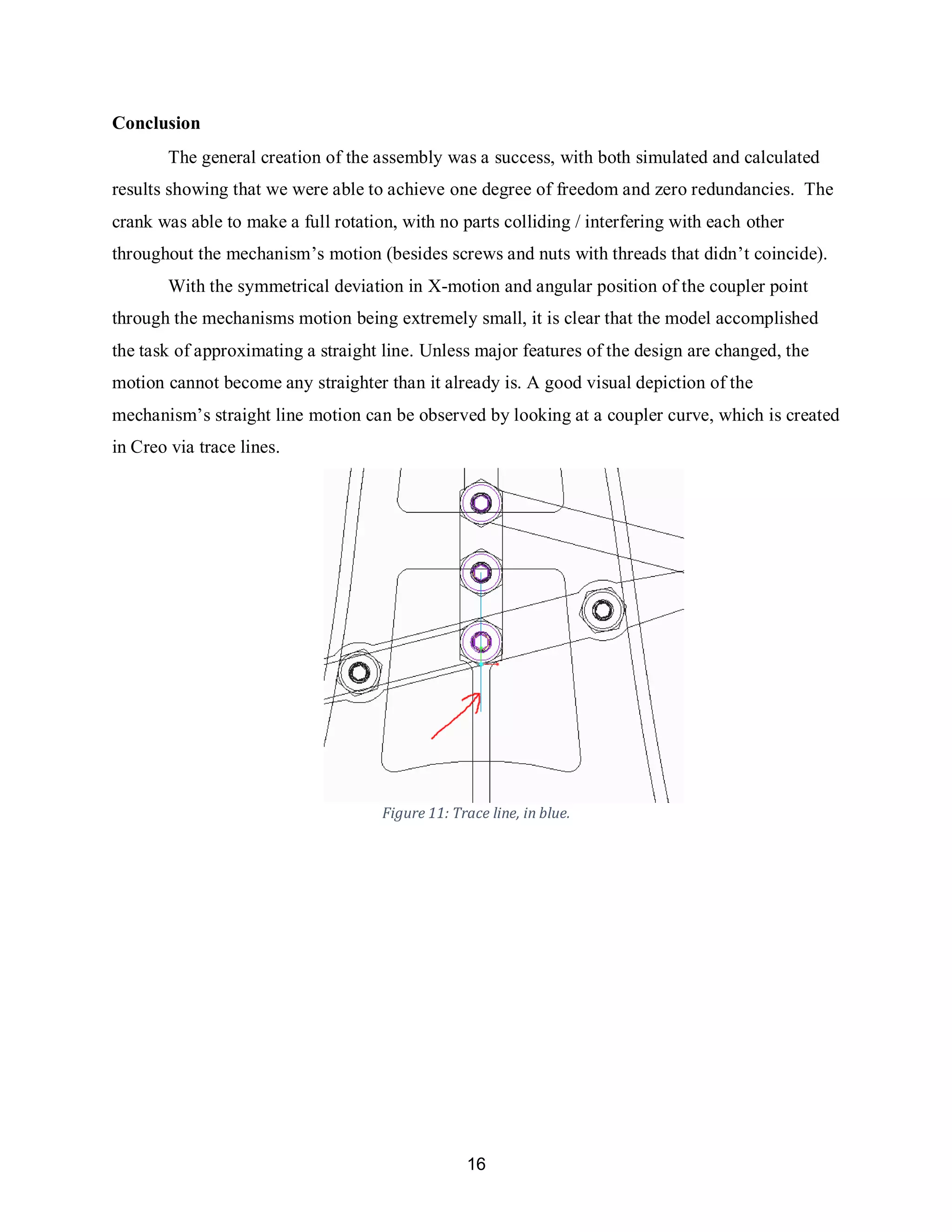 16
Conclusion
The general creation of the assembly was a success, with both simulated and calculated
results showing that we were able to achieve one degree of freedom and zero redundancies. The
crank was able to make a full rotation, with no parts colliding / interfering with each other
throughout the mechanism’s motion (besides screws and nuts with threads that didn’t coincide).
With the symmetrical deviation in X-motion and angular position of the coupler point
through the mechanisms motion being extremely small, it is clear that the model accomplished
the task of approximating a straight line. Unless major features of the design are changed, the
motion cannot become any straighter than it already is. A good visual depiction of the
mechanism’s straight line motion can be observed by looking at a coupler curve, which is created
in Creo via trace lines.
Figure 11: Trace line, in blue.
 