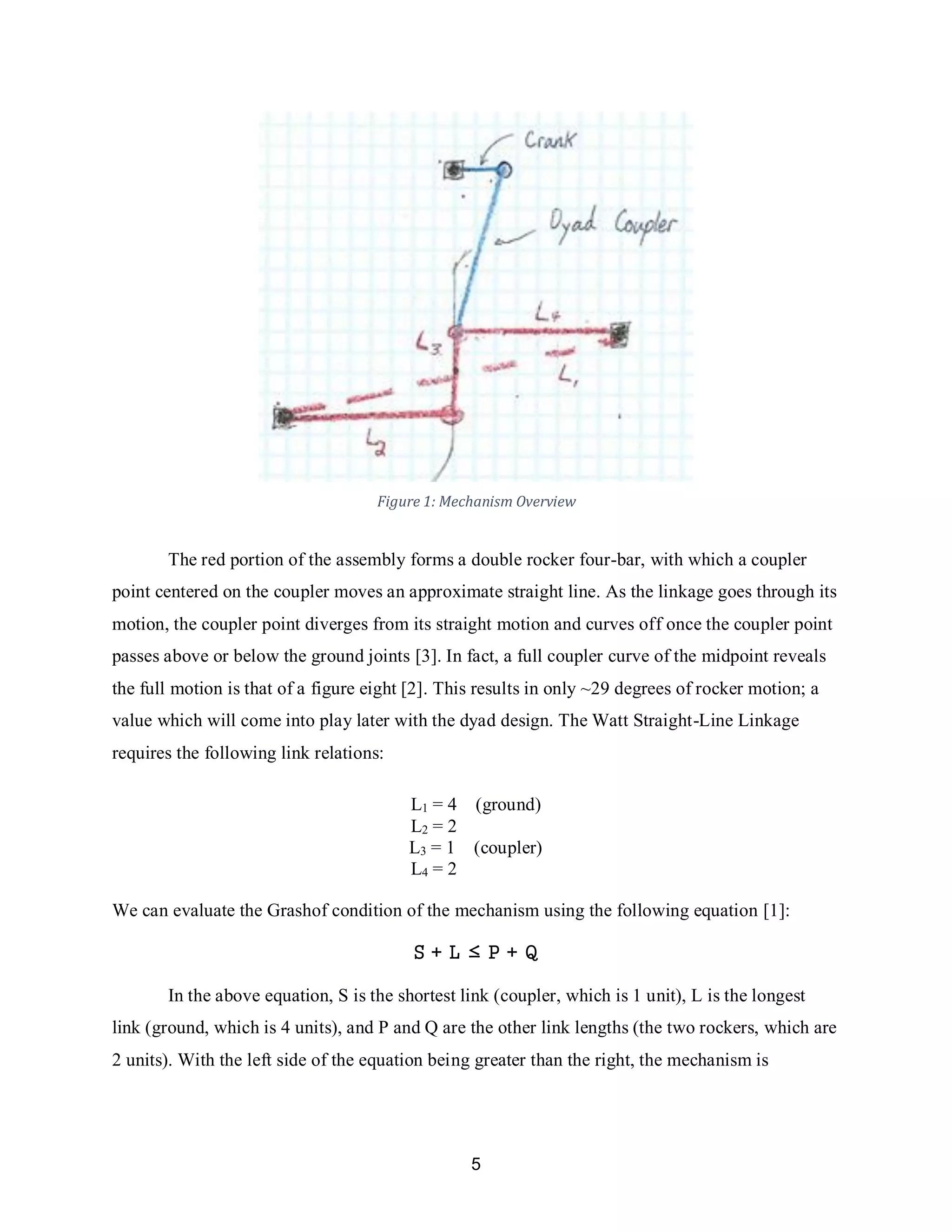 5
Figure 1: Mechanism Overview
The red portion of the assembly forms a double rocker four-bar, with which a coupler
point centered on the coupler moves an approximate straight line. As the linkage goes through its
motion, the coupler point diverges from its straight motion and curves off once the coupler point
passes above or below the ground joints [3]. In fact, a full coupler curve of the midpoint reveals
the full motion is that of a figure eight [2]. This results in only ~29 degrees of rocker motion; a
value which will come into play later with the dyad design. The Watt Straight-Line Linkage
requires the following link relations:
L1 = 4 (ground)
L2 = 2
L3 = 1 (coupler)
L4 = 2
We can evaluate the Grashof condition of the mechanism using the following equation [1]:
S + L ≤ P + Q
In the above equation, S is the shortest link (coupler, which is 1 unit), L is the longest
link (ground, which is 4 units), and P and Q are the other link lengths (the two rockers, which are
2 units). With the left side of the equation being greater than the right, the mechanism is
 