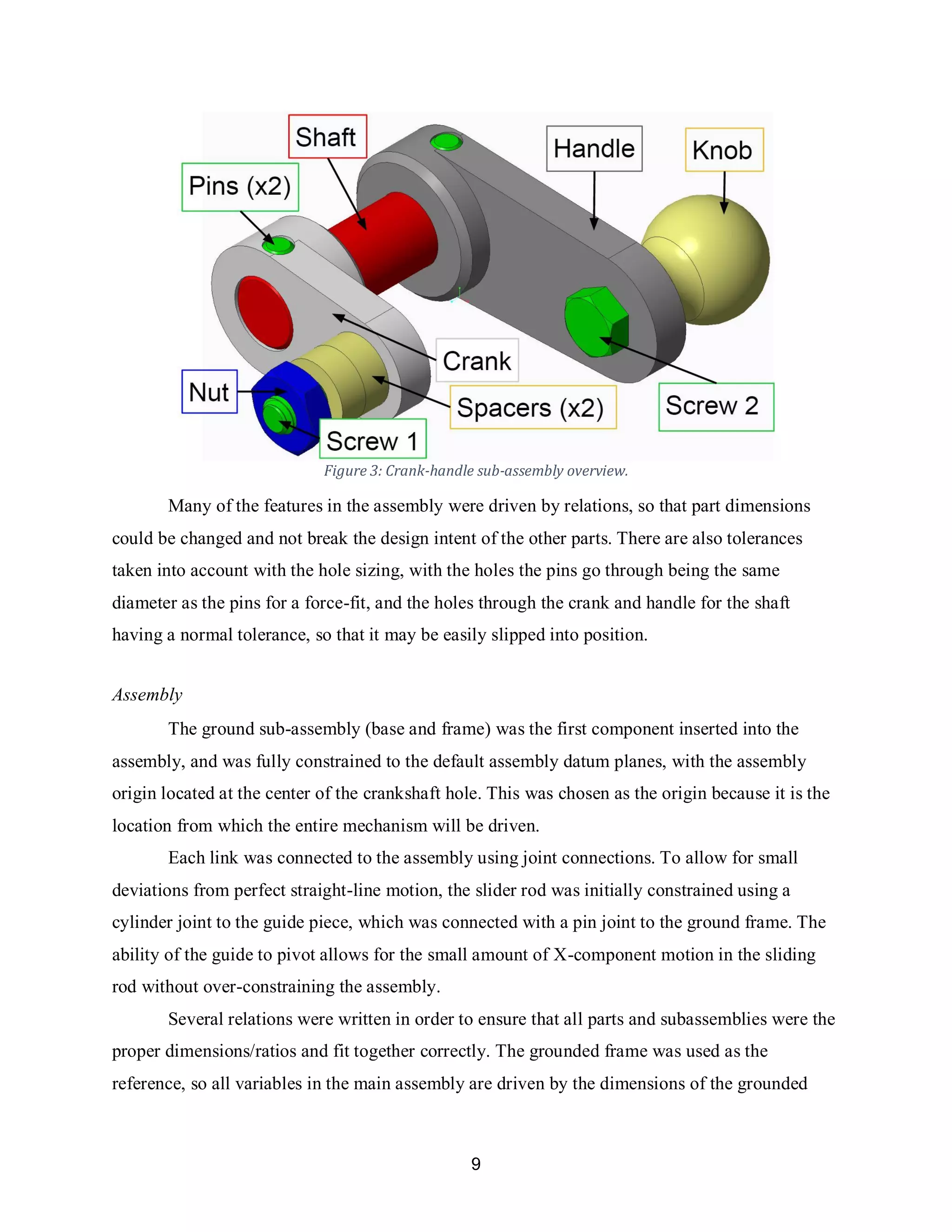 9
Figure 3: Crank-handle sub-assembly overview.
Many of the features in the assembly were driven by relations, so that part dimensions
could be changed and not break the design intent of the other parts. There are also tolerances
taken into account with the hole sizing, with the holes the pins go through being the same
diameter as the pins for a force-fit, and the holes through the crank and handle for the shaft
having a normal tolerance, so that it may be easily slipped into position.
Assembly
The ground sub-assembly (base and frame) was the first component inserted into the
assembly, and was fully constrained to the default assembly datum planes, with the assembly
origin located at the center of the crankshaft hole. This was chosen as the origin because it is the
location from which the entire mechanism will be driven.
Each link was connected to the assembly using joint connections. To allow for small
deviations from perfect straight-line motion, the slider rod was initially constrained using a
cylinder joint to the guide piece, which was connected with a pin joint to the ground frame. The
ability of the guide to pivot allows for the small amount of X-component motion in the sliding
rod without over-constraining the assembly.
Several relations were written in order to ensure that all parts and subassemblies were the
proper dimensions/ratios and fit together correctly. The grounded frame was used as the
reference, so all variables in the main assembly are driven by the dimensions of the grounded
 
