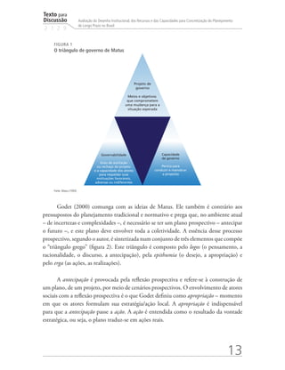Texto para
Discussão
2 1 2 9
13
Avaliação do Desenho Institucional, dos Recursos e das Capacidades para Concretização do Planejamento
de Longo Prazo no Brasil
FIGURA 1
O triângulo de governo de Matus
Projeto de
governo
Meios e objetivos
que comprometem
uma mudança para a
situação esperada
Governabilidade
Grau de aceitação
ou rechaço do projeto
e a capacidade dos atores
para respaldar suas
motivações favoráveis,
adversas ou indiferentes
Capacidade
de governo
Perícia para
conduzir e manobrar
a proposta
Fonte: Matus (1993).
Godet (2000) comunga com as ideias de Matus. Ele também é contrário aos
pressupostos do planejamento tradicional e normativo e prega que, no ambiente atual
– de incertezas e complexidades –, é necessário se ter um plano prospectivo – antecipar
o futuro –, e este plano deve envolver toda a coletividade. A essência desse processo
prospectivo, segundo o autor, é sintetizada num conjunto de três elementos que compõe
o “triângulo grego” (figura 2). Este triângulo é composto pelo logos (o pensamento, a
racionalidade, o discurso, a antecipação), pela epithumia (o desejo, a apropriação) e
pelo erga (as ações, as realizações).
A antecipação é provocada pela reflexão prospectiva e refere-se à construção de
um plano, de um projeto, por meio de cenários prospectivos. O envolvimento de atores
sociais com a reflexão prospectiva é o que Godet definiu como apropriação – momento
em que os atores formulam sua estratégia/ação local. A apropriação é indispensável
para que a antecipação passe a ação. A ação é entendida como o resultado da vontade
estratégica, ou seja, o plano traduz-se em ações reais.
td_AvaliacaodoDesenho_miolo.indd 13 09/09/2015 14:32:11
 