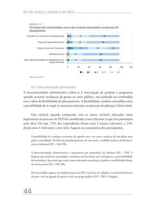 44
R i o d e J a n e i r o , s e t e m b r o d e 2 0 1 5
GRÁFICO 3
Percepção dos entrevistados acerca dos recursos importantes ao processo de
planejamento
Coordenar as iniciativas de planejamento
Dispor de capacidade técnica
Dispor de recursos financeiros
Mobilizar atores
0 20 40 60 80 100 120
Evitar descontinuidades do planejamento ao
longo do tempo
2
5
1
2 6
6
26
27
25
23 69
68
36 22
600
0
0
0
4 33 55
0 1 2 3 4 5
1
2
1
1
1
33
Elaboração dos autores.
4.6.1 Descontinuidade administrativa
A descontinuidade administrativa refere-se à interrupção de projetos e programas
quando ocorrem mudanças de gestão no setor público, não podendo ser confundida
com a ideia de flexibilidade do planejamento. A flexibilidade, também entendida como
a possibilidade de se reagir às incertezas inerentes ao processo de planejar, é bem-vinda.
Esta variável, quando comparada com as outras variáveis elencadas como
importantes ao processo de PLP, foi considerada a mais relevante (a que teve pontuação
mais alta). Ou seja, 72% dos respondentes deram nota 5 (muito relevante), e 23%
deram nota 4 (relevante) a este item. Seguem os comentários dos participantes.
A possibilidade de mudança recorrente de agenda tem a ver com a ausência de um plano mais
geral e consolidado. Na falta de um planejamento, de um norte, o trabalho torna-se irrelevante e
muito vulnerável (EP – SAE-PR).
A descontinuidade administrativa é responsável por desperdício de dinheiro (EP – TRF 1a
Região), por perda de capacidades e memória institucional e por enfraquecer a governabilidade
da instituição e dos atores que estão sempre alterando seus planos e perdem a credibilidade diante
de outros atores (EP – SAE-PR).
Há necessidade urgente de implementação do PLP com foco no cidadão e no desenvolvimento
do país e não na agenda do gestor ou de um grupo político (EP – TRF 1a
Região).
td_AvaliacaodoDesenho_miolo.indd 44 09/09/2015 14:32:12
 