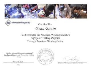 AWS Safety in Welding Program Certificate