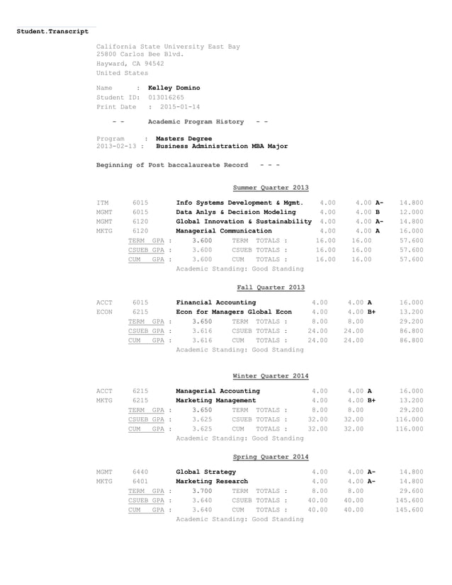 Student Transcript. CSUEB. Domino.Kelley MBA PDF