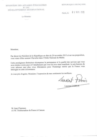 Lettres Clauteaux Chevalier de l'Ordre Lettre Lettres Ordre National du Merite