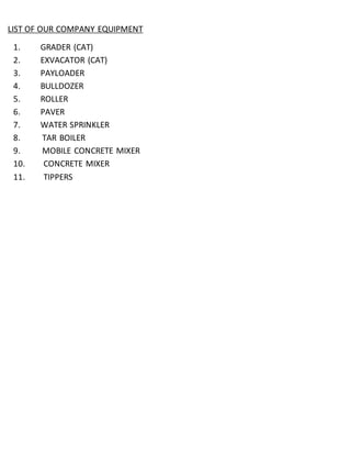 LIST OF OUR COMPANY EQUIPMENT
1. GRADER (CAT)
2. EXVACATOR (CAT)
3. PAYLOADER
4. BULLDOZER
5. ROLLER
6. PAVER
7. WATER SPRINKLER
8. TAR BOILER
9. MOBILE CONCRETE MIXER
10. CONCRETE MIXER
11. TIPPERS
 