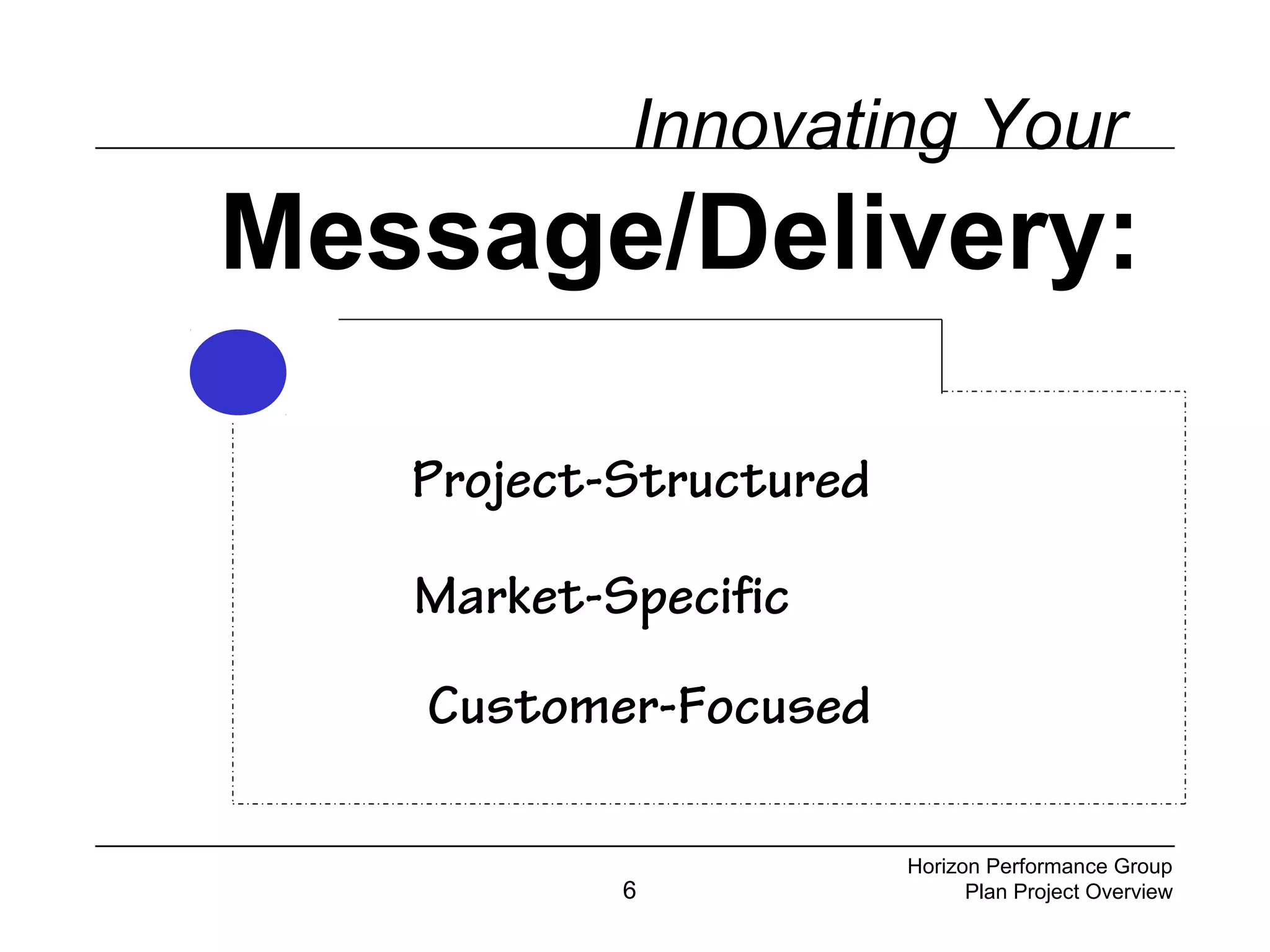 6
Innovating Your
Message/Delivery:
Project-Structured
Market-Specific
Customer-Focused
Horizon Performance Group
Plan Project Overview
 