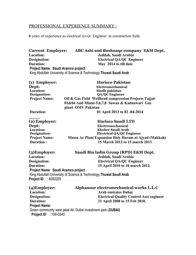 CV Electrical QA QC Engineer