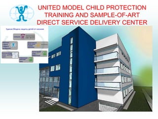 UNITED MODEL CHILD PROTECTION
TRAINING AND SAMPLE-OF-ART
DIRECT SERVICE DELIVERY CENTER
Единая Модель защиты детей от насилия
Сообщение
Дружественные
детям услуги
в рамках
пресечения
Дружественная
детям
реабилитация
Реабилитация
родителей/
семьи
Дополнительные
услуги – ЦСРПЭД,
ЦССП
Мониторинг
и оценка/
стандарты/
рекомендации
 