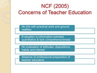 NCF (2005)
Concerns of Teacher Education
No link with practical work and ground
realities
Evaluation is information-oriented,
quantitative & lack comprehensiveness
No evaluation of attitudes, dispositions,
habits and interest
Absence of professional preparation of
teacher educators
 