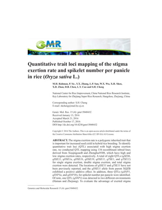 Genetics and Molecular Research 15 (4): gmr15048432
Quantitative trait loci mapping of the stigma
exertion rate and spikelet number per panicle
in rice (Oryza sativa L.)
M.H. Rahman, P. Yu , Y.X. Zhang, L.P. Sun, W.X. Wu, X.H. Shen,
X.D. Zhan, D.B. Chen, L.Y. Cao and S.H. Cheng
National Center for Rice Improvement, China National Rice Research Institute,
Key Laboratory for Zhejiang Super Rice Research, Hangzhou, Zhejiang, China
Corresponding author: S.H. Cheng
E-mail: shcheng@mail.hz.zj.cn
Genet. Mol. Res. 15 (4): gmr15048432
Received January 13, 2016
Accepted March 21, 2016
Published October 17, 2016
DOI http://dx.doi.org/10.4238/gmr15048432
Copyright © 2016 The Authors. This is an open-access article distributed under the terms of
the Creative Commons Attribution ShareAlike (CC BY-SA) 4.0 License.
ABSTRACT. The stigma exertion rate is a polygenic inherited trait that
is important for increased seed yield in hybrid rice breeding. To identify
quantitative trait loci (QTL) associated with high stigma exertion
rate, we conducted QTL mapping using 134 recombinant inbred lines
derived from XieqingzaoB and Zhonghui9308, which have high and
low stigma exertion rates, respectively. A total of eight QTLs (qSES6,
qSSE11, qDSE1a, qDSE1b, qDSE10, qDSE11, qTSE1, and qTSE11)
for single stigma exertion, double stigma exertion, and total stigma
exertion were detected. The locations of qSSE11 and qTSE11 have not
been previously reported, and the qDSE11 allele from parent XQZB
exhibited a positive additive effect. In addition, three QTLs (qSNP1,
qSNP3a, and qSNP3b), for spikelet number per panicle were identified.
Of note, one QTL (qSNP1) was detected in two different environments
(Hainan and Zhejiang). To evaluate the advantage of exerted stigma
 
