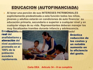  Al tener una porción de sus INTERESES PATRIMONIALES
explícitamente predestinada a esta función todos los niños,
jóvenes y adultos estarán en condiciones de auto financiar su
educación primaria, secundaria o superior a cualquier nivel y en
cualquier etapa de su vida. Representantes deberan manejar los
muy fiscalizados tramites durante infancia y adolescencia.
Rendimiento academico debera ser bien documentado!Erradicación
real del
analfabetismo y
elevación del
nivel académico
promedio en el
100% de la
población
sucedera
rapidamente.
Drástica
reducción de
los costos y
un notable
aumento en
la eficiencia
del gasto.
EDUCACION (AUTOFINANCIADA)
11Carta OEA Articulo 34 – H se cumpliria
 