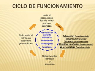CICLO DE FUNCIONAMIENTO
Inicia al
nacer, crece
Toda la vida y
produce
Intereses
Educacion (autofinanciada)
Salud (autofinanciada)
Vivienda (autofinanciada)
Creditos puntuales (autoavalados)
Sobrevivientes
heredan
y
acumulan
Ciclo repite al
Infinito en
siguientes
generaciones
Patrimonio en
aumento
progresivo,
intransferible,
inembargable,
hereditario. Vejez asistida (autofinanciada)
8
 