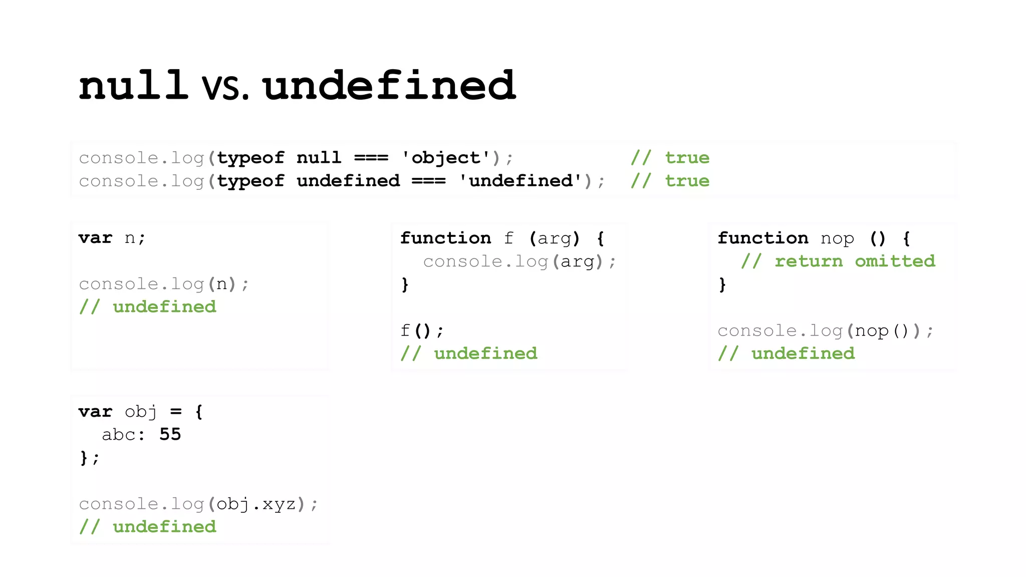 null vs. undefined
console.log(typeof null === 'object'); // true
console.log(typeof undefined === 'undefined'); // true
var n;
console.log(n);
// undefined
function f (arg) {
console.log(arg);
}
f();
// undefined
function nop () {
// return omitted
}
console.log(nop());
// undefined
var obj = {
abc: 55
};
console.log(obj.xyz);
// undefined
 