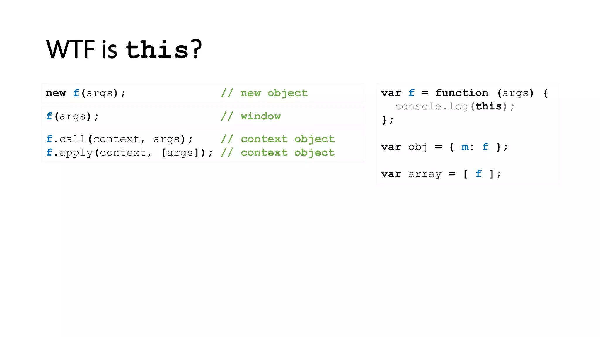 WTF is this?
var f = function (args) {
console.log(this);
};
var obj = { m: f };
var array = [ f ];
new f(args); // new object
f(args); // window
f.call(context, args); // context object
f.apply(context, [args]); // context object
 