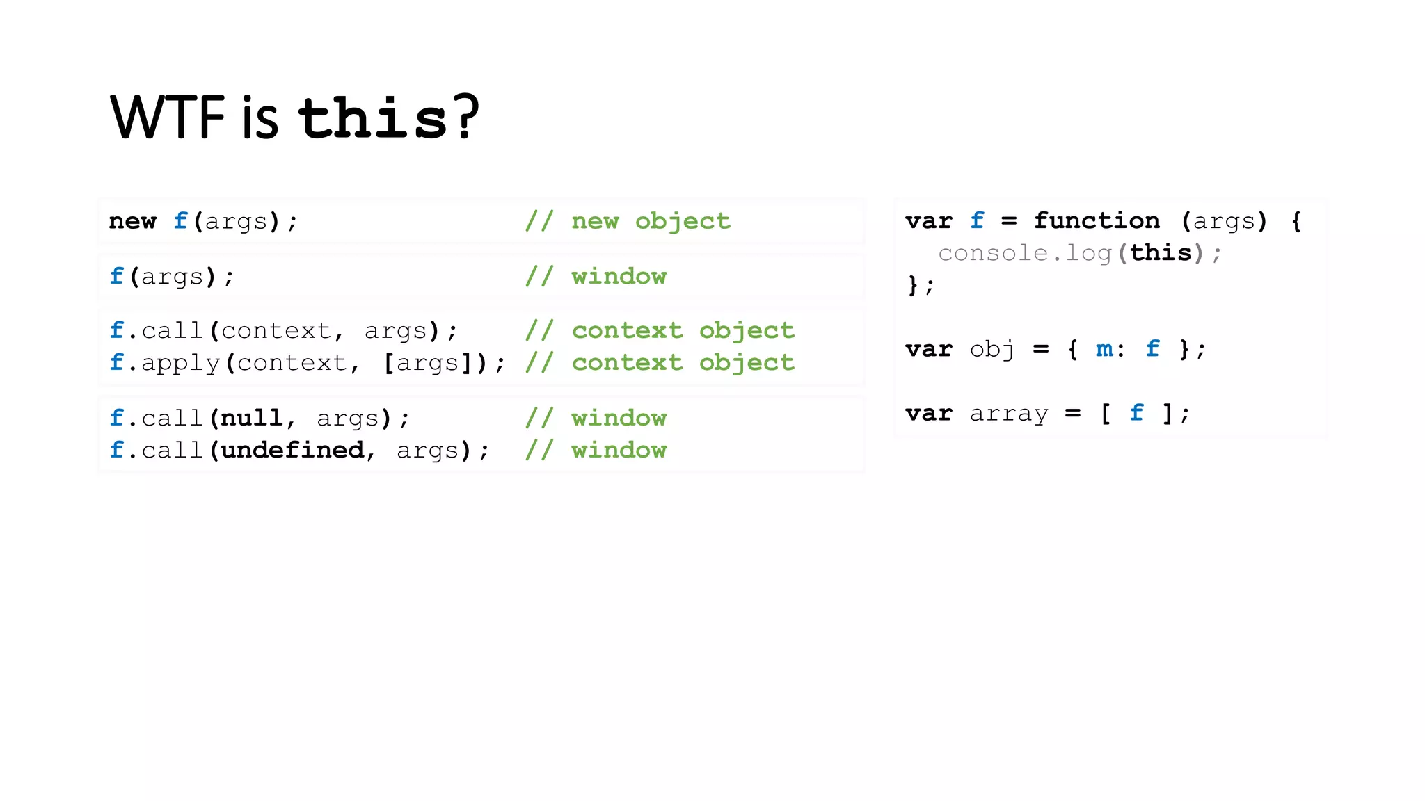 WTF is this?
var f = function (args) {
console.log(this);
};
var obj = { m: f };
var array = [ f ];
new f(args); // new object
f(args); // window
f.call(context, args); // context object
f.apply(context, [args]); // context object
f.call(null, args); // window
f.call(undefined, args); // window
 