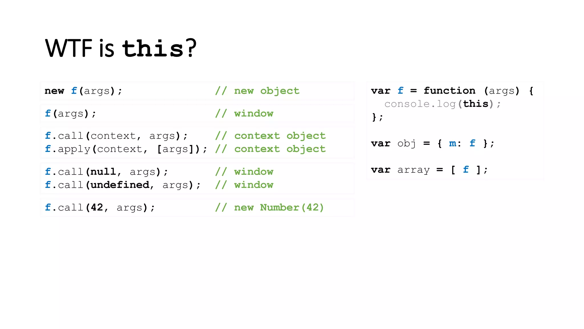 WTF is this?
var f = function (args) {
console.log(this);
};
var obj = { m: f };
var array = [ f ];
new f(args); // new object
f(args); // window
f.call(context, args); // context object
f.apply(context, [args]); // context object
f.call(null, args); // window
f.call(undefined, args); // window
f.call(42, args); // new Number(42)
 