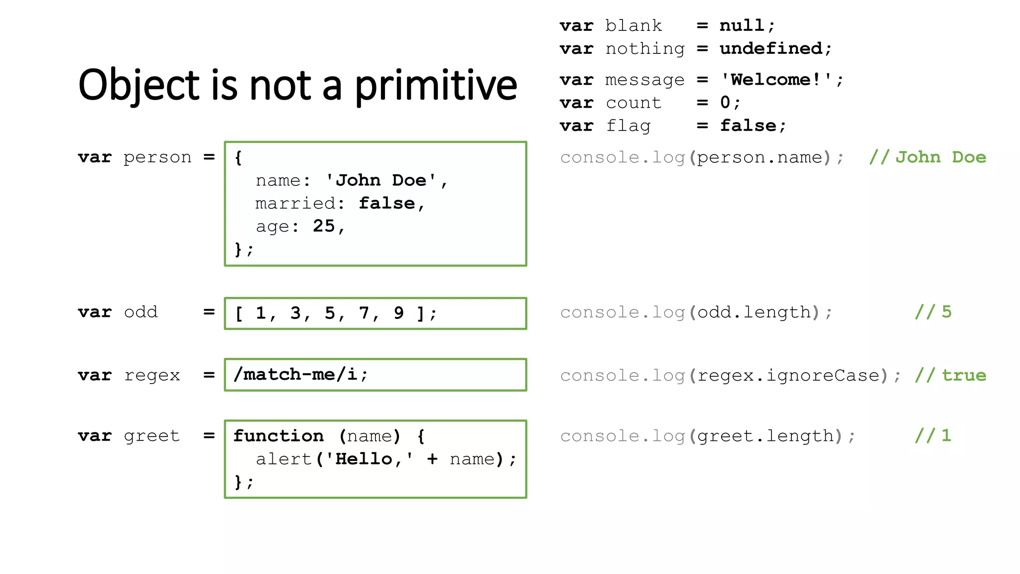 Object is not a primitive
var blank = null;
var nothing = undefined;
[ 1, 3, 5, 7, 9 ];var odd = console.log(odd.length); // 5
/match-me/i;var regex = console.log(regex.ignoreCase); // true
function (name) {
alert('Hello,' + name);
};
var greet = console.log(greet.length); // 1
{
name: 'John Doe',
married: false,
age: 25,
};
var person = console.log(person.name); // John Doe
var message = 'Welcome!';
var count = 0;
var flag = false;
 