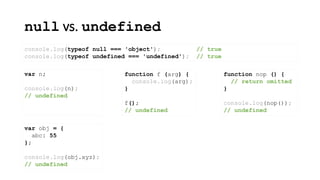 null vs. undefined
console.log(typeof null === 'object'); // true
console.log(typeof undefined === 'undefined'); // true
var n;
console.log(n);
// undefined
function f (arg) {
console.log(arg);
}
f();
// undefined
function nop () {
// return omitted
}
console.log(nop());
// undefined
var obj = {
abc: 55
};
console.log(obj.xyz);
// undefined
 