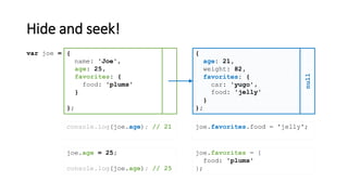 Hide and seek!
{
name: 'Joe'
};
var joe = {
age: 21,
weight: 82,
favorites: {
car: 'yugo'
}
};
null
,
age: 25
joe.age = 25;
console.log(joe.age); // 25
,
food: 'jelly'
joe.favorites.food = 'jelly';
,
favorites: {
food: 'plums'
}
joe.favorites = {
food: 'plums'
};
console.log(joe.age); // 21
 