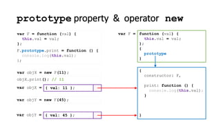 prototype property & operator new
var F = function (val) {
this.val = val;
};
{
constructor: F
}
function (val) {
this.val = val;
};
{
prototype
}
var F =
,
print: function () {
console.log(this.val);
}
F.prototype.print = function () {
console.log(this.val);
};
var objX = new F(11);
{ val: 11 };var objX =
objX.print(); // 11
var objY = new F(45);
{ val: 45 };var objY =
 