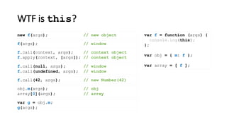 var g = obj.m;
g(args);
WTF is this?
var f = function (args) {
console.log(this);
};
var obj = { m: f };
var array = [ f ];
new f(args); // new object
f(args); // window
f.call(context, args); // context object
f.apply(context, [args]); // context object
f.call(null, args); // window
f.call(undefined, args); // window
obj.m(args); // obj
array[0](args); // array
f.call(42, args); // new Number(42)
 
