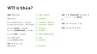 var g = obj.m;
g(args);
WTF is this?
var f = function (args) {
console.log(this);
};
var obj = { m: f };
var array = [ f ];
new f(args); // new object
f(args); // window
f.call(context, args); // context object
f.apply(context, [args]); // context object
f.call(null, args); // window
f.call(undefined, args); // window
obj.m(args); // obj
array[0](args); // array
// window
f.call(42, args); // new Number(42)
 