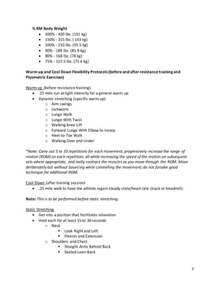 3
% RM Body Weight
 200% - 420 lbs. (191 kg)
 150% - 315 lbs. ( 143 kg)
 100% - 210 lbs. (95.5 kg)
 90% - 189 lbs. (85.9 kg)
 80% - 168 lbs. (76 kg)
 75% - 157.5 lbs. (71.6 kg)
Warm-up and Cool Down Flexibility Protocols (before and after resistance training and
Plyometric Exercises)
Warm-up (before resistance training)
 .25 mile run at light intensity for a general warm up
 Dynamic stretching (specific warm-up)
o Arm swings
o Inchworm
o Lunge Walk
o Lunge With Twist
o Walking Knee Lift
o Forward Lunge With Elbow to Instep
o Heel-to-Toe Walk
o Walking Over and Under
*Note: Carry out 5 to 10 repetitions for each movement, progressively increase the range of
motion (ROM) on each repetition, all while increasing the speed of the motion on subsequent
sets where appropriate, and lastly contract the muscles as you move through the ROM. Move
deliberately but without bouncing while controlling the movement; do not forsake good
technique for additional ROM.
Cool Down (after training session)
 .25 mile walk to have the athlete regain steady state/heart rate (track or treadmill).
Note: This is to be performed before static stretching.
Static Stretching
 Get into a position that facilitates relaxation
 Hold each for at least 15 to 30 seconds
o Neck
 Look Right and Left
 Flexion and Extension
o Shoulders and Chest
 Straight Arms Behind Back
 Seated Lean-Back
 