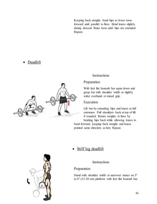 61
Keeping back straight, bend hips to lower torso
forward until parallel to floor. Bend knees slightly
during descent. Raise torso until hips are extended.
Repeat.
 Deadlift
Instructions
Preparation
With feet flat beneath bar squat down and
grasp bar with shoulder width or slightly
wider overhand or mixed grip.
Execution
Lift bar by extending hips and knees to full
extension. Pull shoulders back at top of lift
if rounded. Return weights to floor by
bending hips back while allowing knees to
bend forward, keeping back straight and knees
pointed same direction as feet. Repeat.
 Stiff leg deadlift
Instructions
Preparation
Stand with shoulder width or narrower stance on 5"
to 8" (13-20 cm) platform with feet flat beneath bar.
 